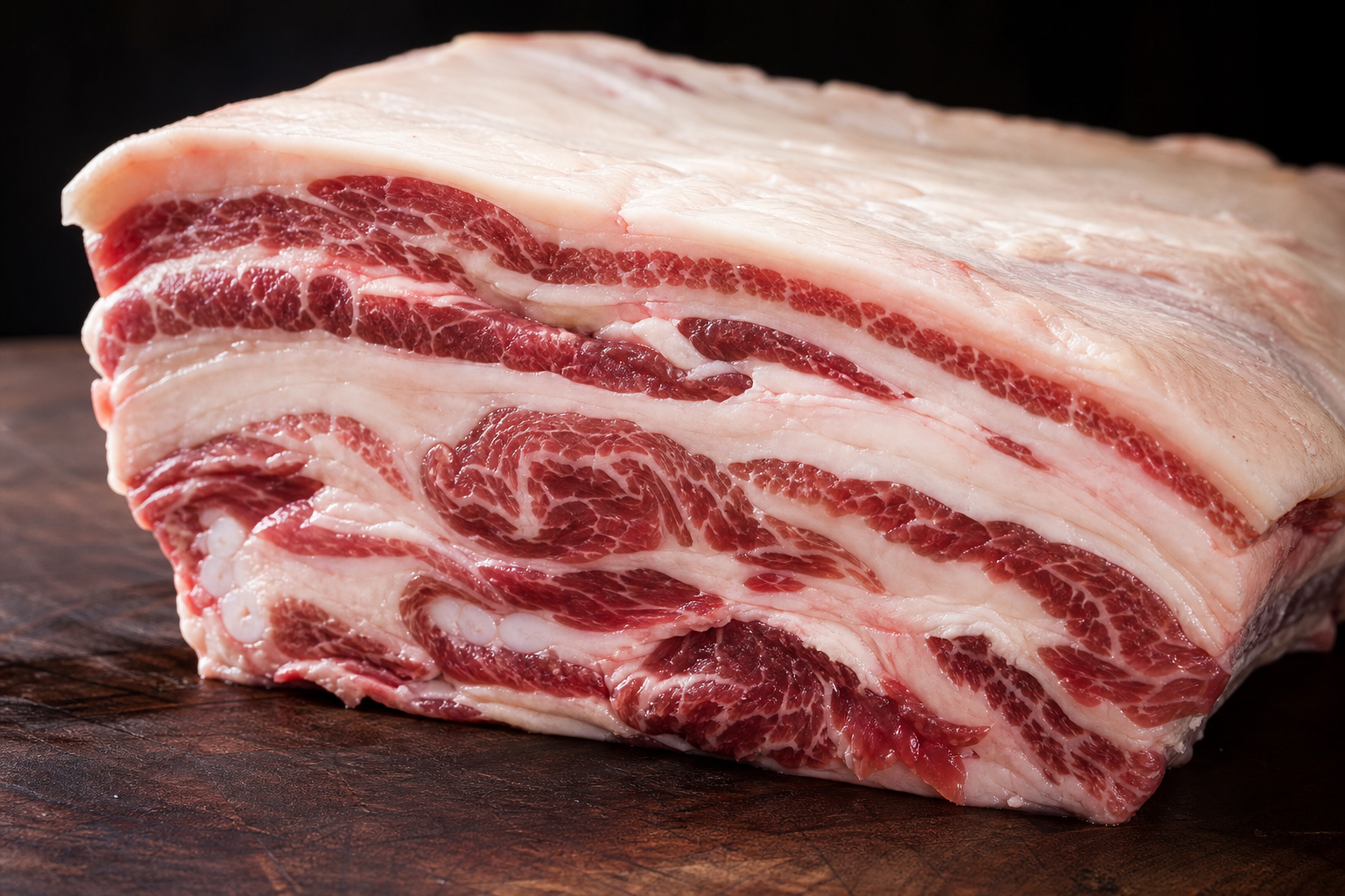 Raw beef belly slab showing layers of fat and meat on a wooden butcher block