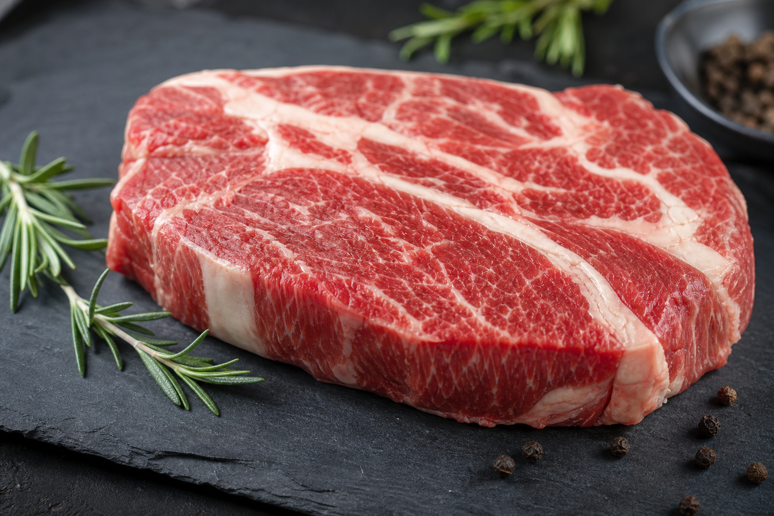 Chuck Eye Steak: The Budget Ribeye to Ask Your Butcher For 7 Raw chuck eye steak with visible marbling on a dark slate cutting board