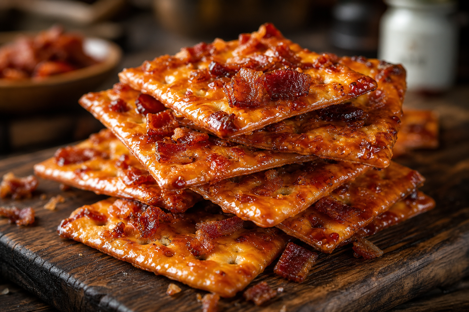 Billionaire Bacon Crackers: A Cheap Sweet-Savory Snack 9 Close-up of caramelized bacon crackers stacked on a rustic wooden board