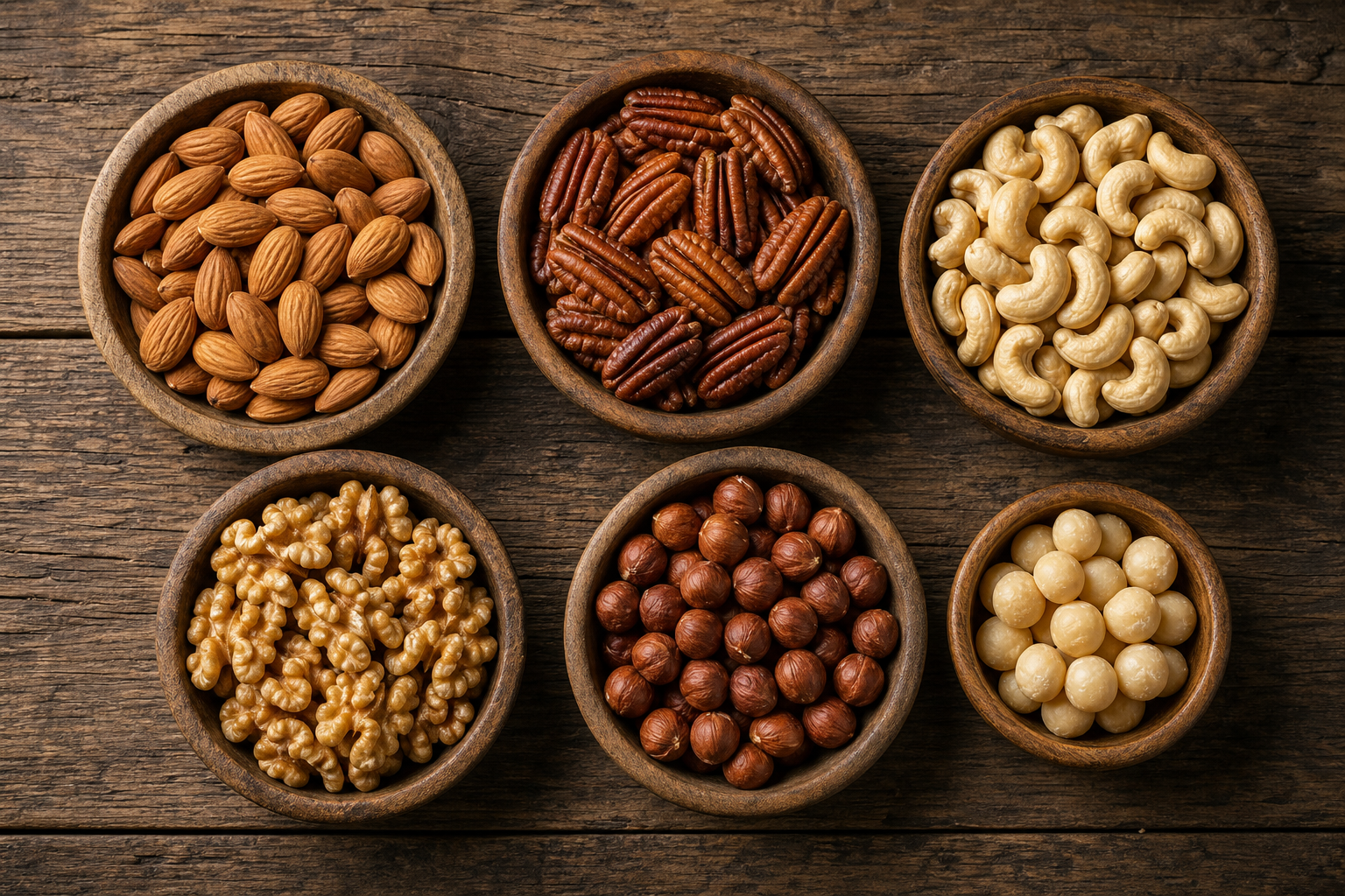 Smoked Nuts: A Cheap Snack From Leftover Smoker Heat 9 Various types of raw nuts in small wooden bowls arranged for smoking