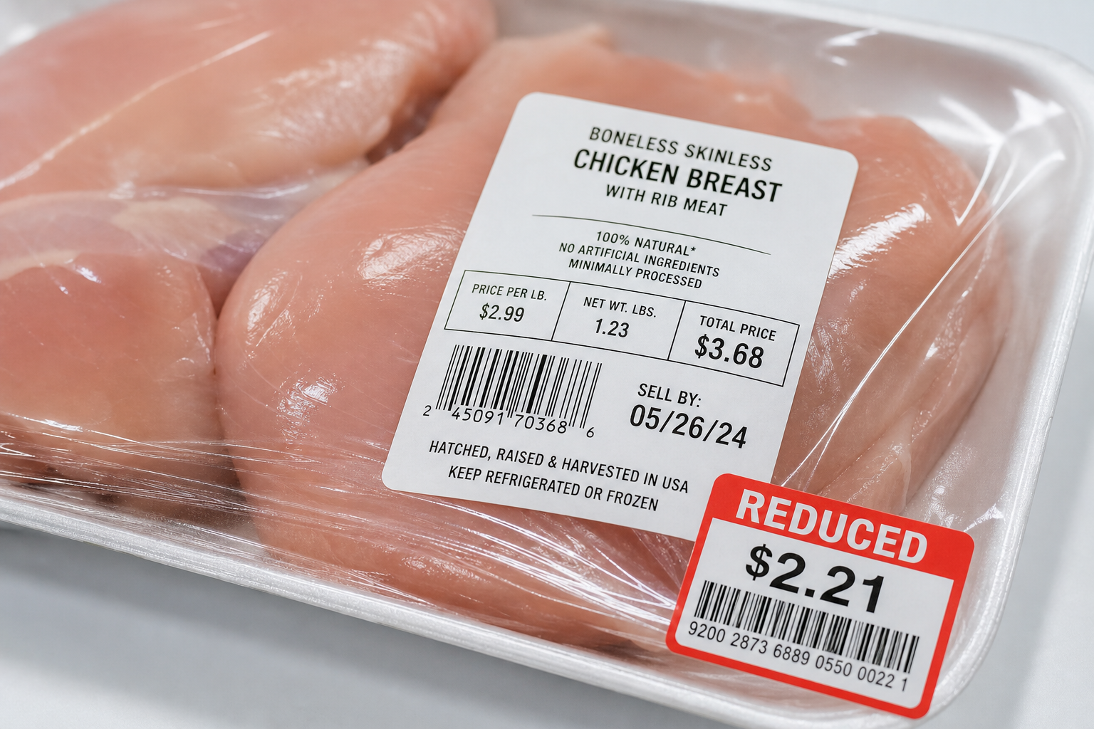 Close-up of raw chicken packaging showing a sell by date label and markdown price sticker