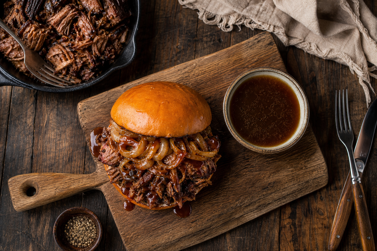 Creative leftover brisket dishes including a sandwich and skillet hash on a wooden board