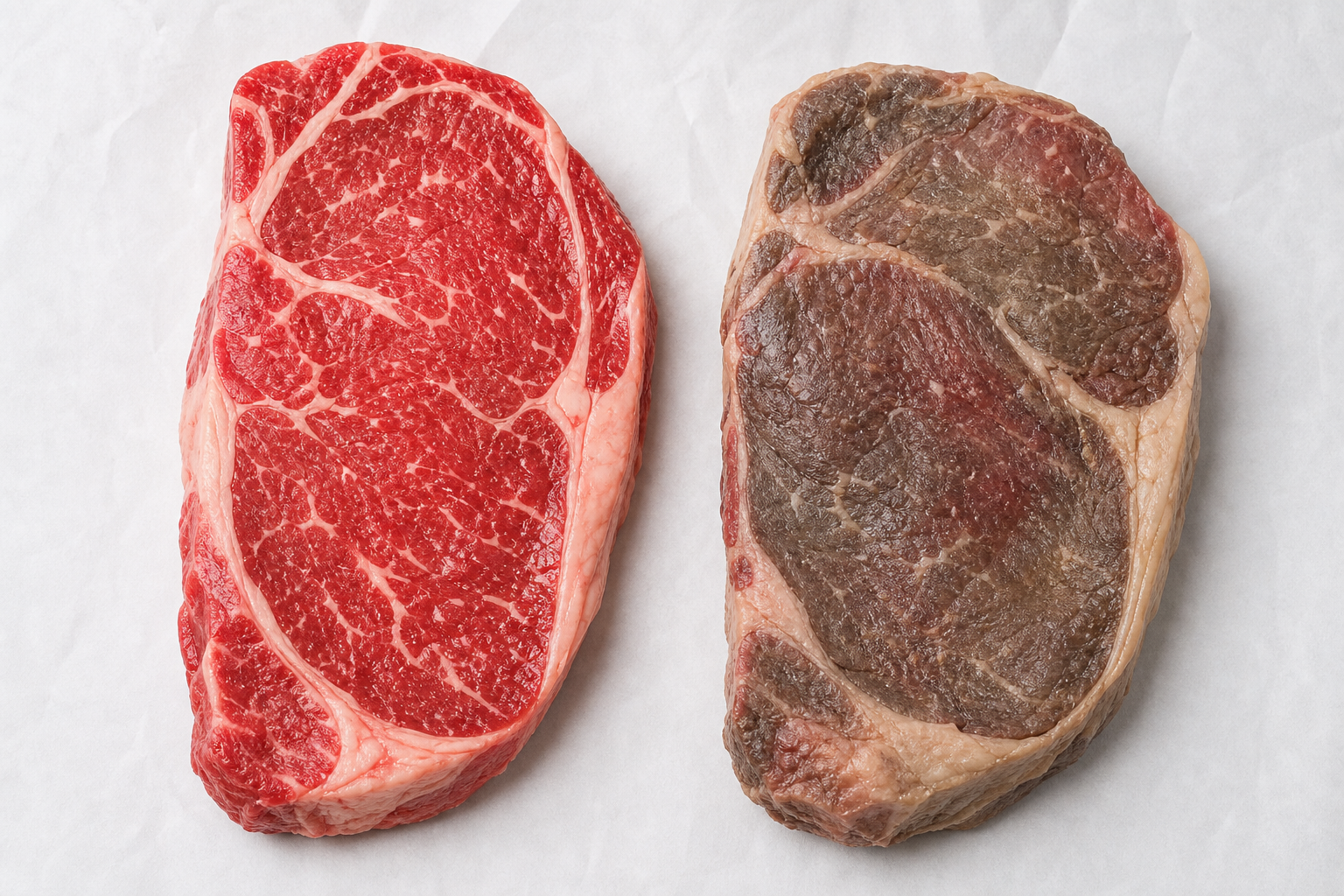 Two raw beef steaks side by side showing the contrast between fresh red meat and discolored spoiled meat