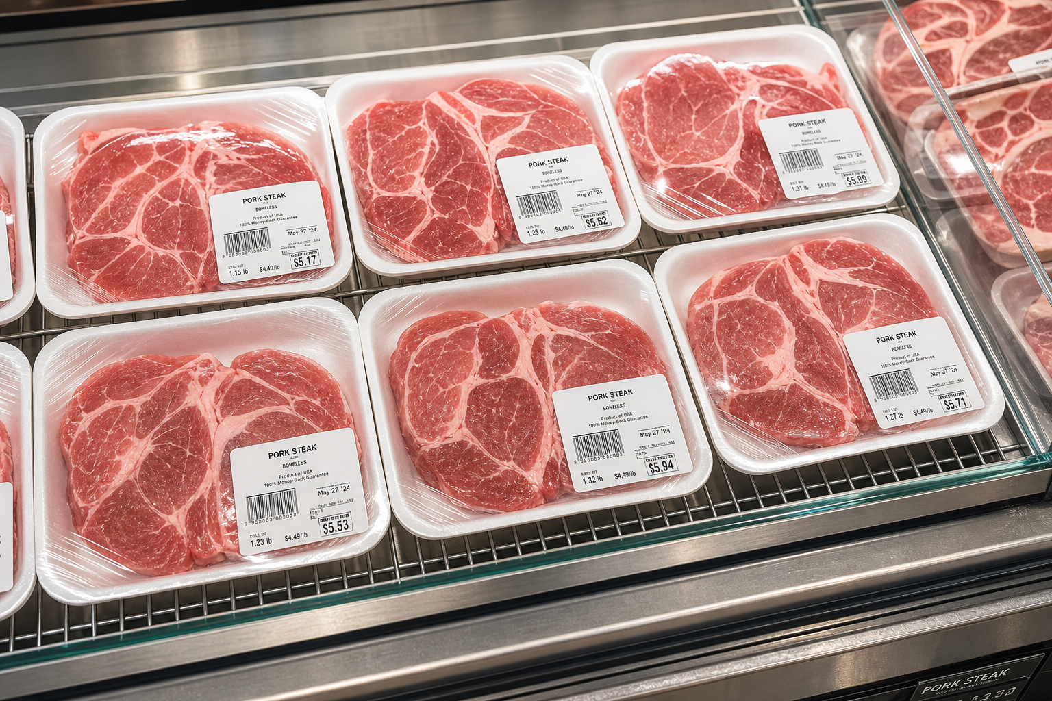 Packaged pork steaks displayed in a refrigerated grocery store meat case