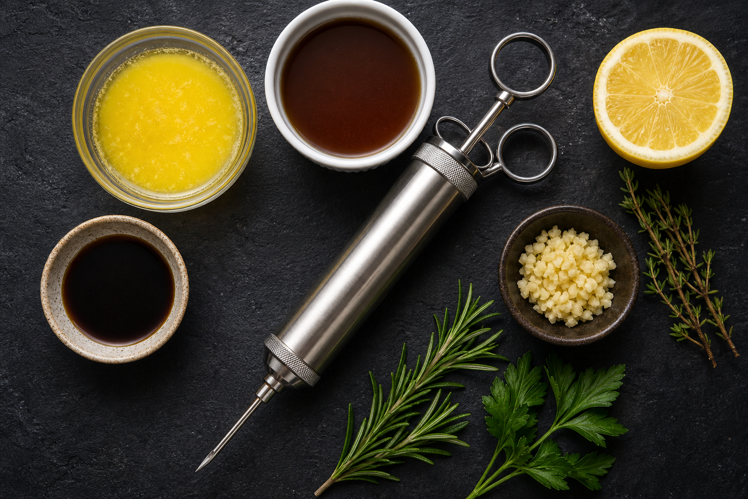 The Best Cheap Cuts to Inject for Big Flavor 9 Flat lay of meat injection ingredients including butter, broth, garlic, herbs, and a stainless steel injector syringe