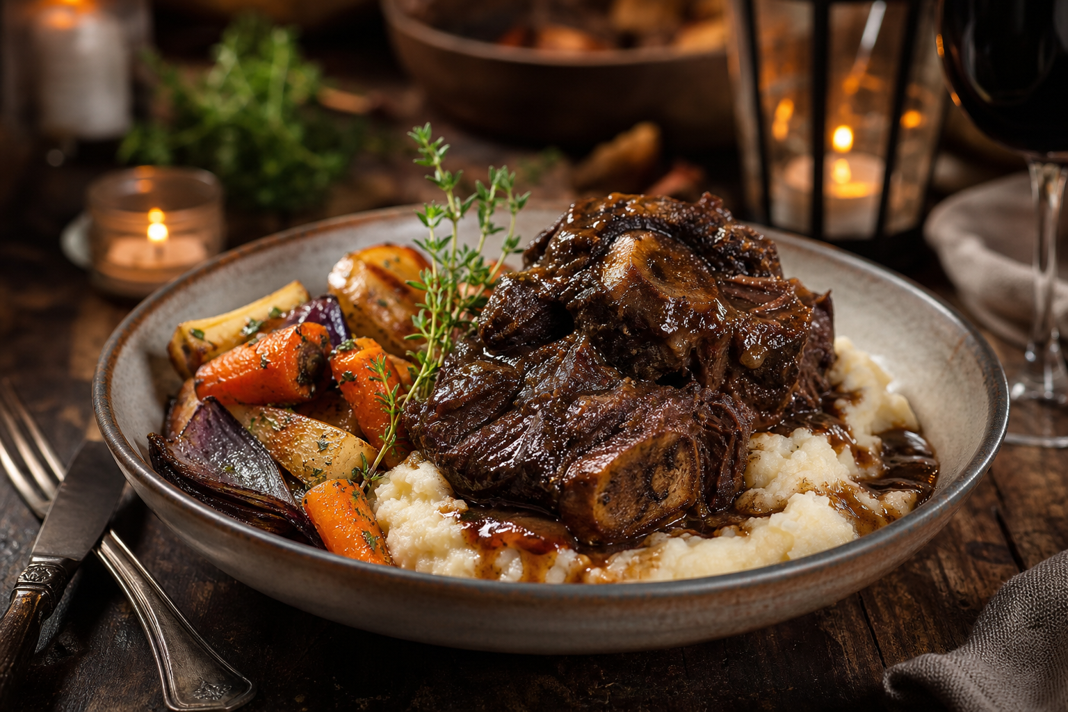 Braised beef neck bones served over creamy mashed potatoes with roasted vegetables and fresh herbs