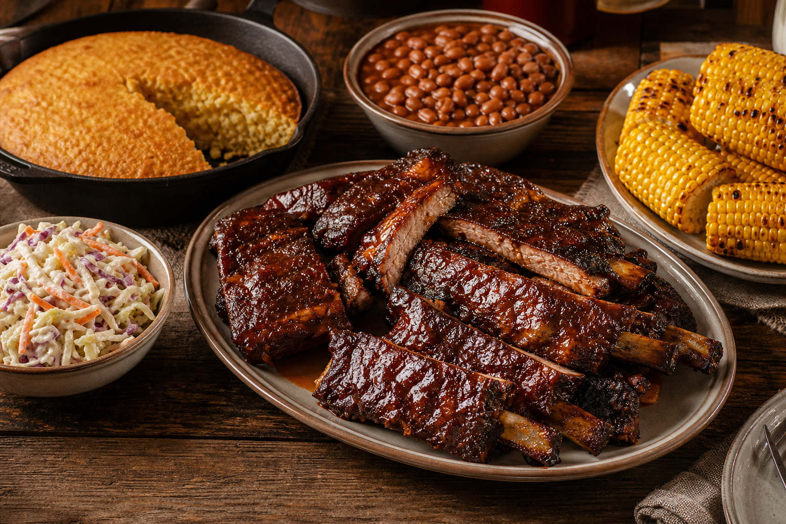 How to Cook Country-Style Ribs So They're Tender, Not Tough 14 Platter of glazed country-style ribs served alongside coleslaw, cornbread, baked beans, and corn