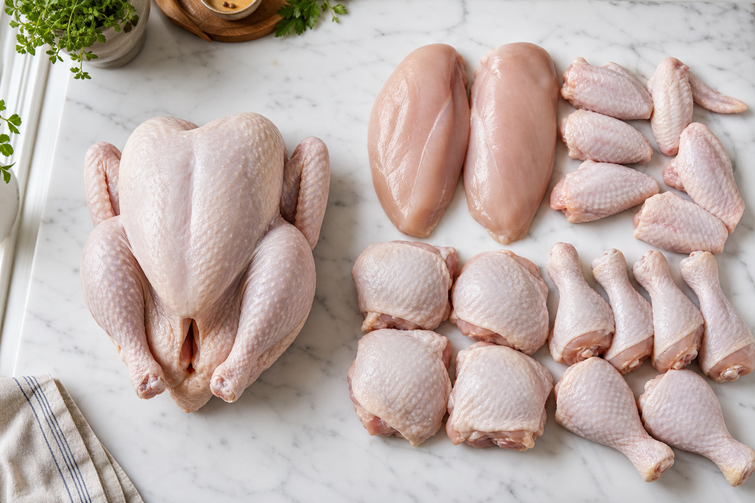 How to Break Down a Whole Chicken to Save Money 7 Side-by-side comparison of a whole chicken versus pre-cut chicken parts on a marble countertop