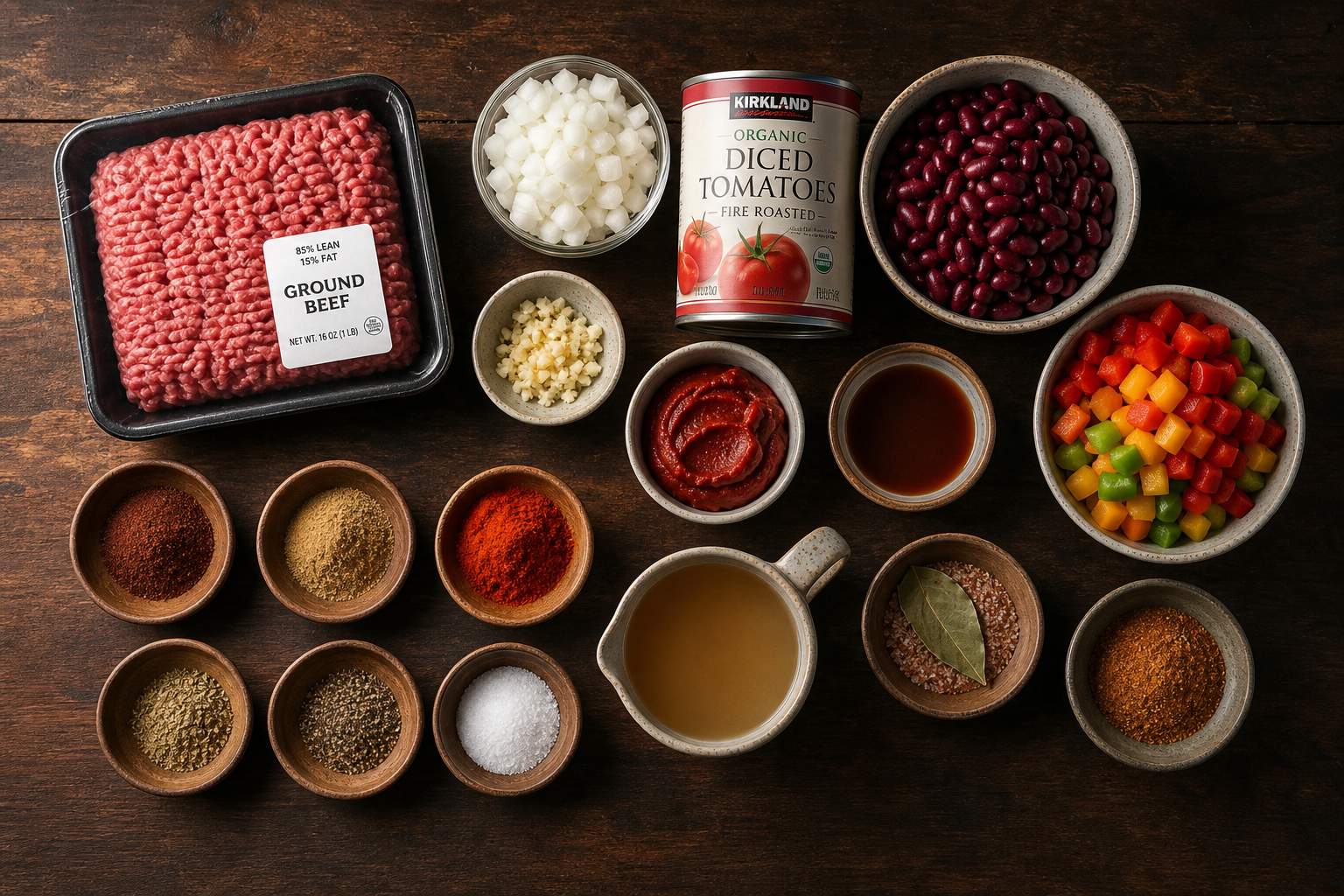 Smoked Over-the-Top Chili Using Cheap Ground Beef 10 Flat lay of all chili ingredients including ground beef, vegetables, canned goods, and spices on a wooden surface
