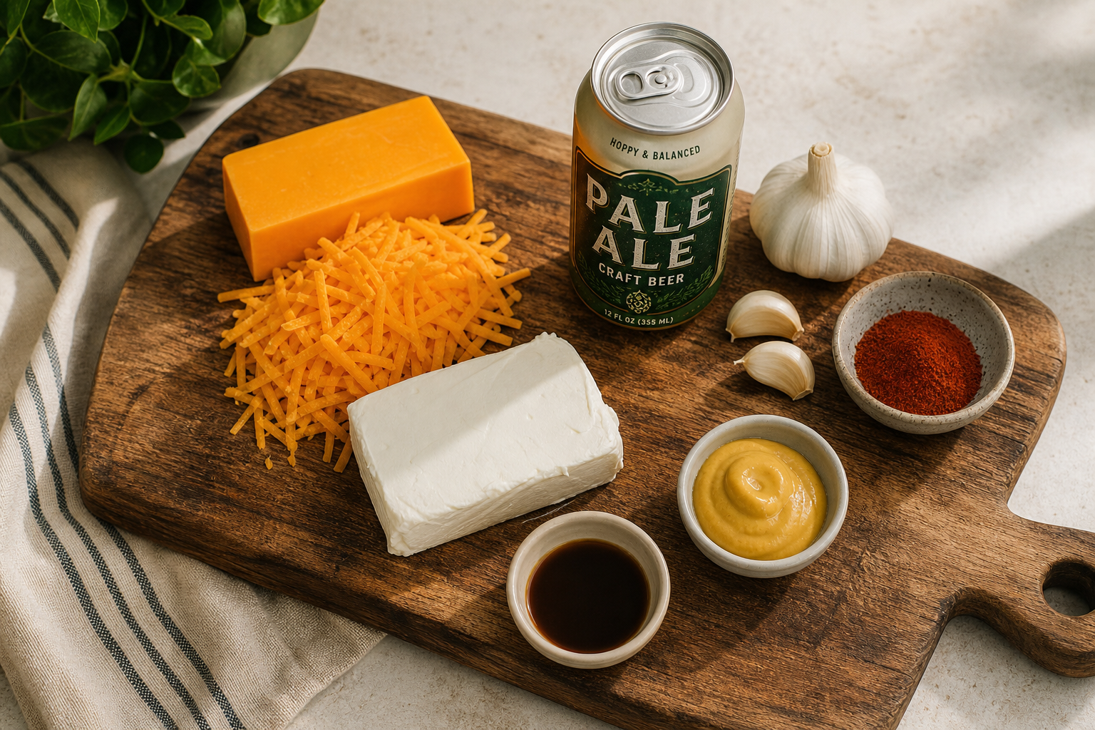 Smoked Beer Cheese Dip for Game Day on a Budget 8 Overhead flat lay of beer cheese dip ingredients on a rustic wooden board
