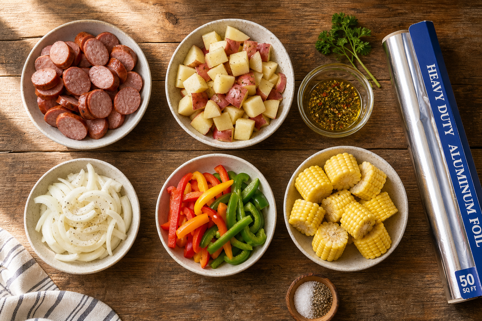 Smoked Sausage Foil Packets: A Cheap, No-Cleanup Meal 8 Ingredients for smoked sausage foil packets laid out on a wooden surface