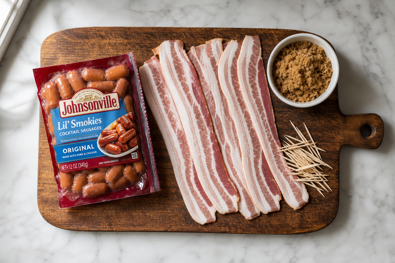 Ingredients for bacon-wrapped smokies laid out on a wooden cutting board