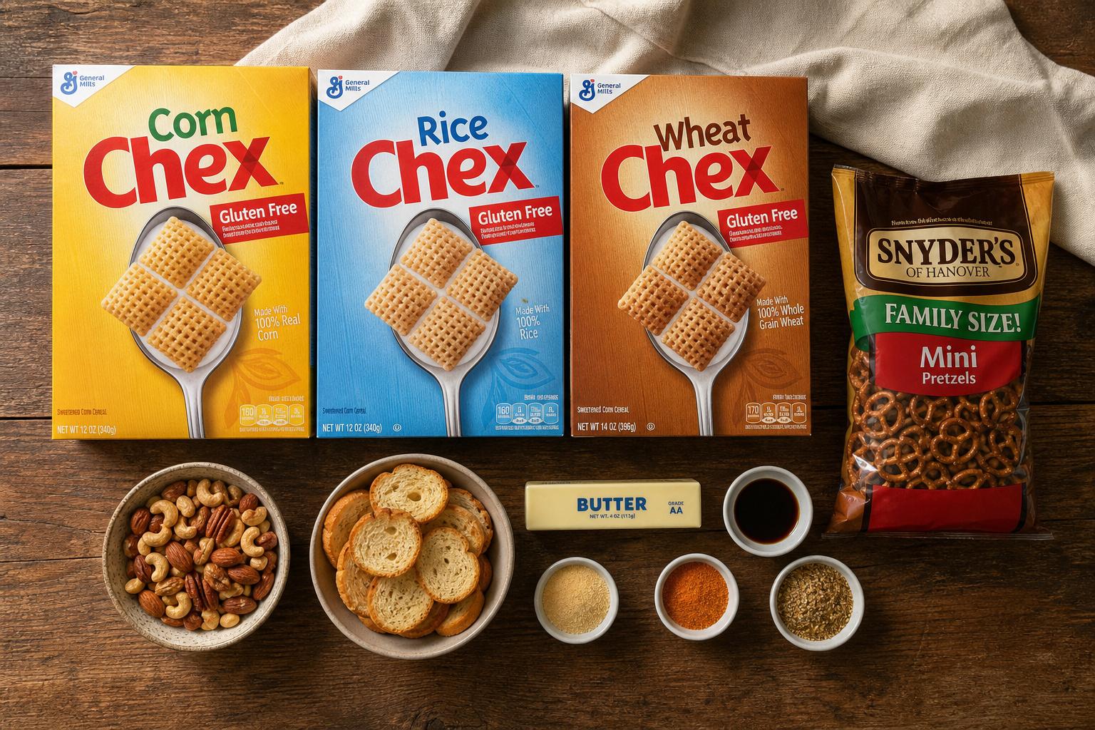 Smoked Chex Mix: An Easy Make-Ahead Party Snack 8 Overhead flat lay of Chex Mix ingredients including cereal boxes, pretzels, nuts, butter, and seasonings on a wooden surface