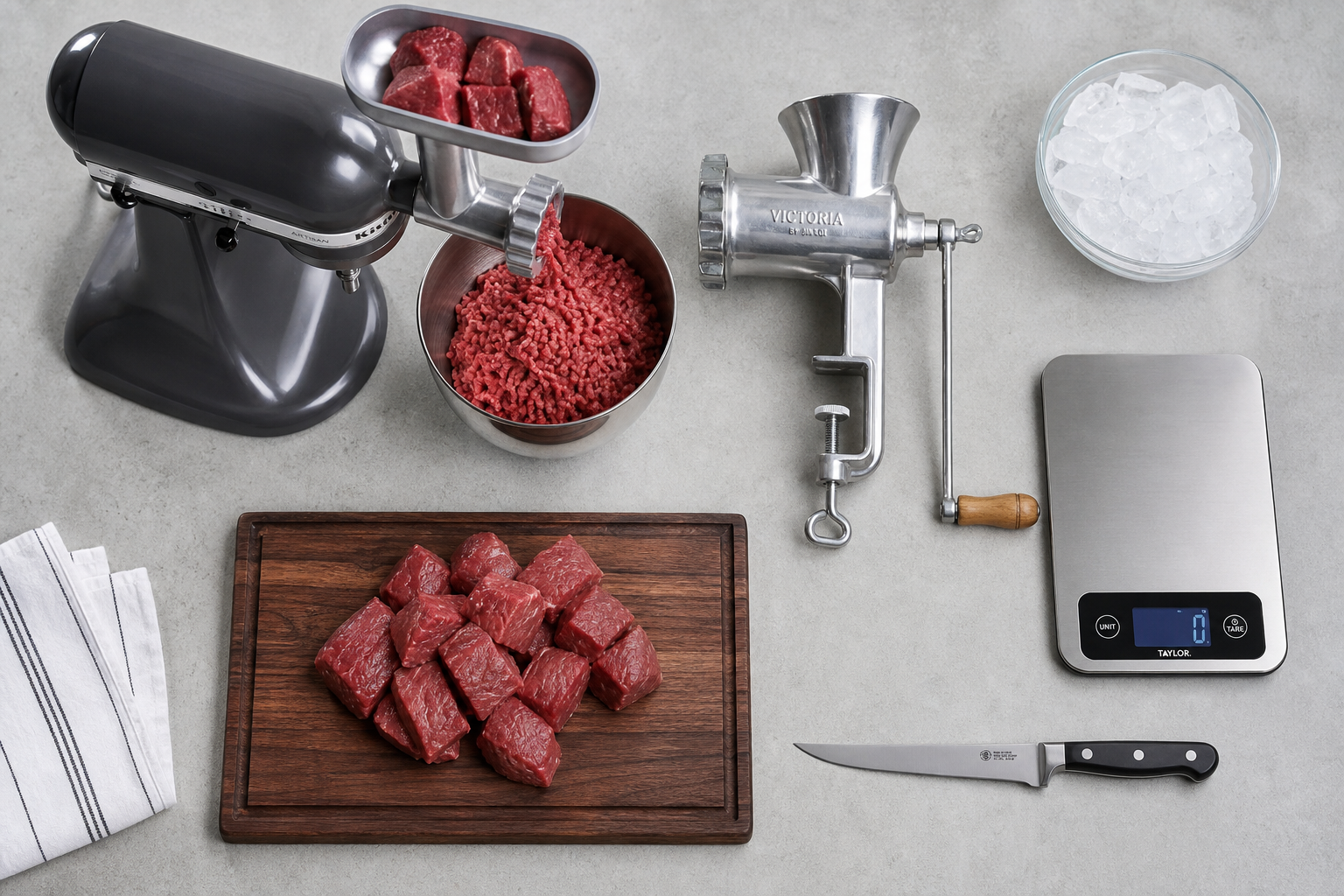 Home meat grinding equipment including a stand mixer with grinder attachment, knife, cutting board, and kitchen scale laid out on a countertop
