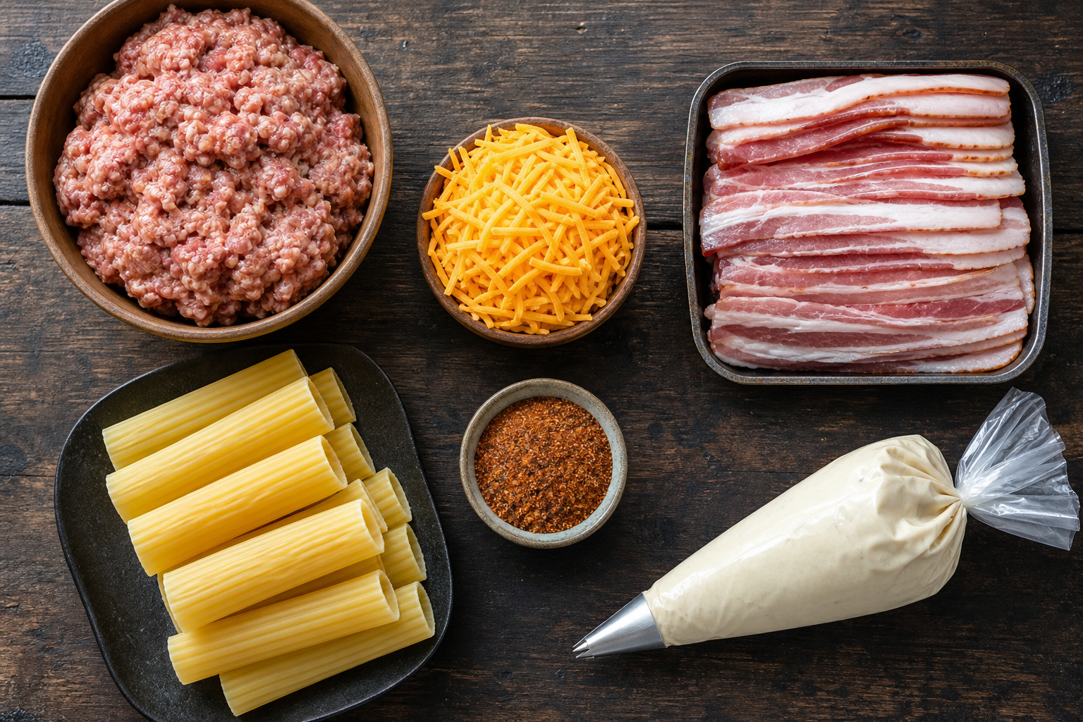 Smoked Shotgun Shells: A Cheap Crowd-Pleasing BBQ Snack 8 Ingredients for smoked shotgun shells laid out on a wooden surface including pasta, sausage, bacon, cheese, and seasoning