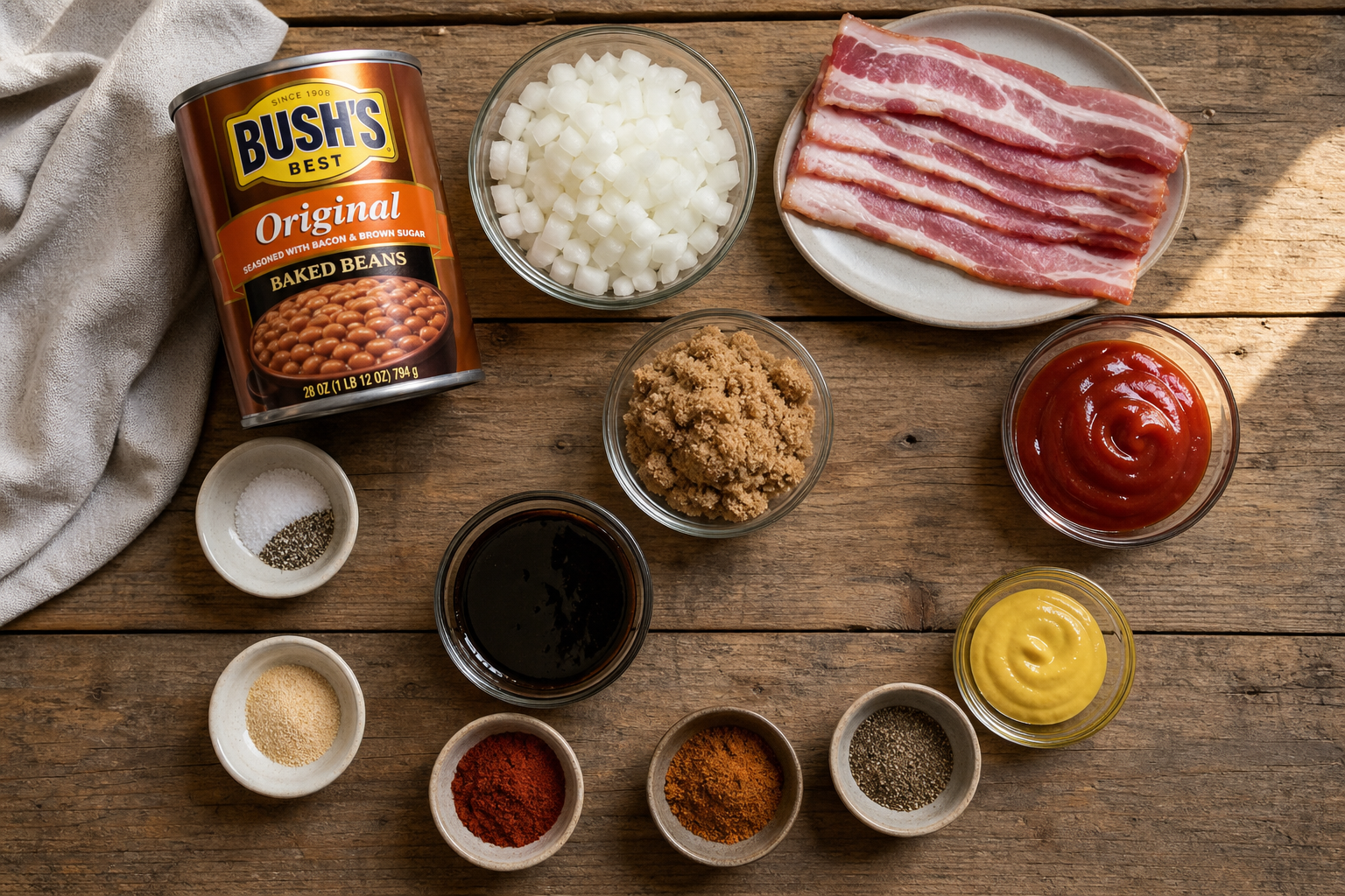 Ingredients for smoked baked beans laid out on a rustic wooden surface