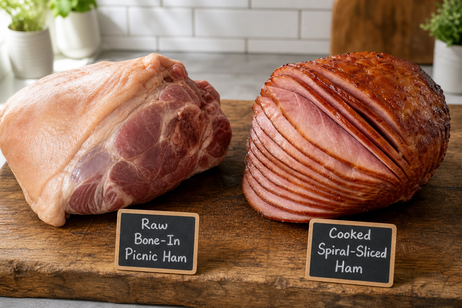 Picnic Ham vs Spiral Ham: Which Is the Better Value 7 Side-by-side comparison of a raw picnic ham shoulder and a spiral-sliced ham on a wooden cutting board