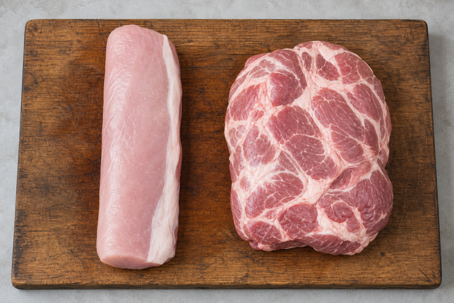 Pork Steak vs Pork Chop: Which Is the Better Budget Buy 6 Raw pork shoulder and pork loin side by side on a butcher block showing their differences