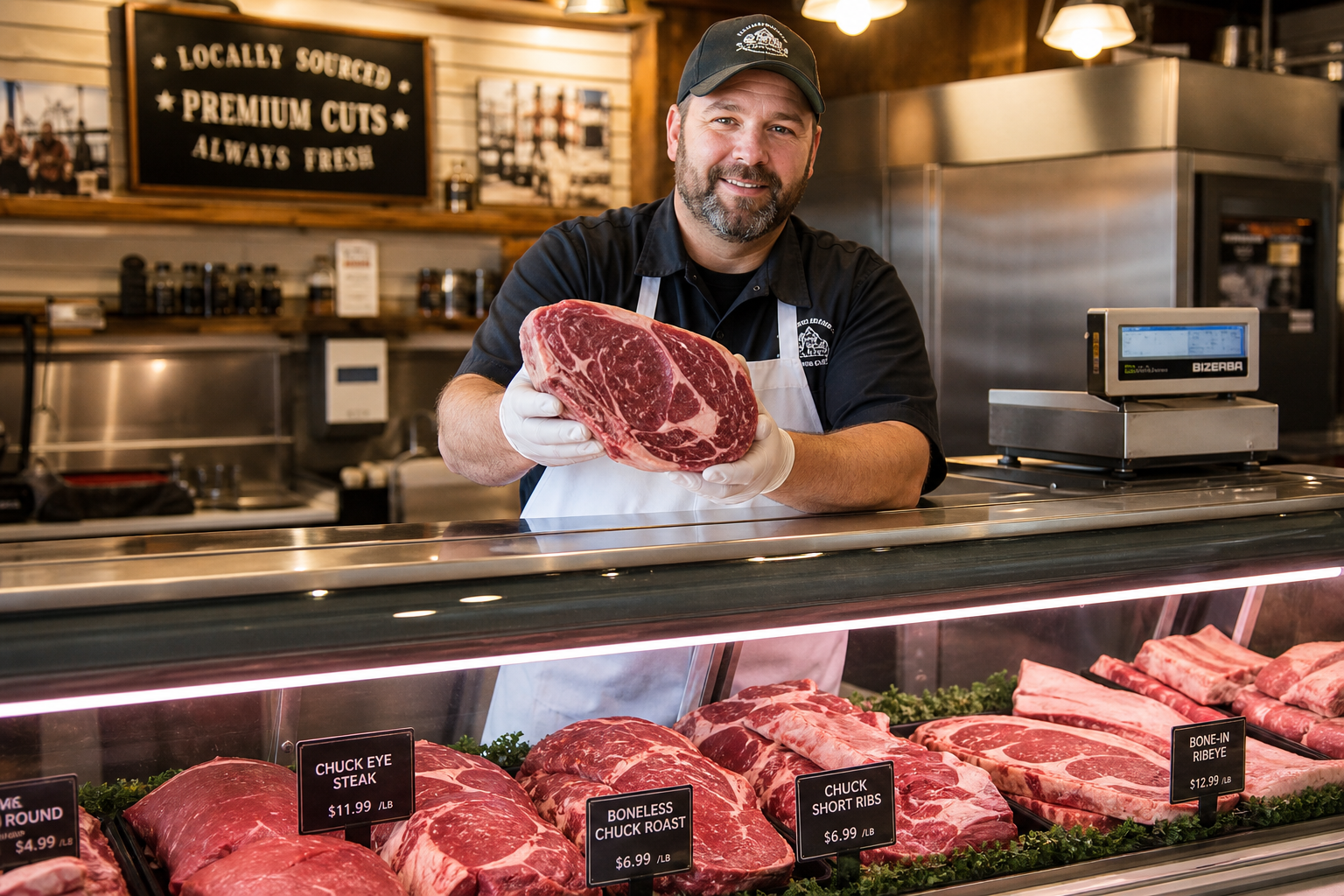 Chuck Eye Steak: The Budget Ribeye to Ask Your Butcher For 8 Butcher in white apron holding a chuck eye steak behind a butcher shop display counter