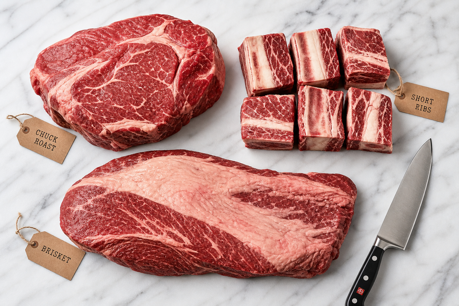 Various raw beef cuts including chuck roast, short ribs, and brisket arranged on a marble surface