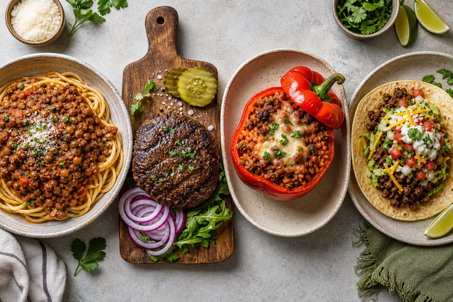 Four different dishes made with stretched ground beef including pasta sauce, a burger, stuffed peppers, and tacos