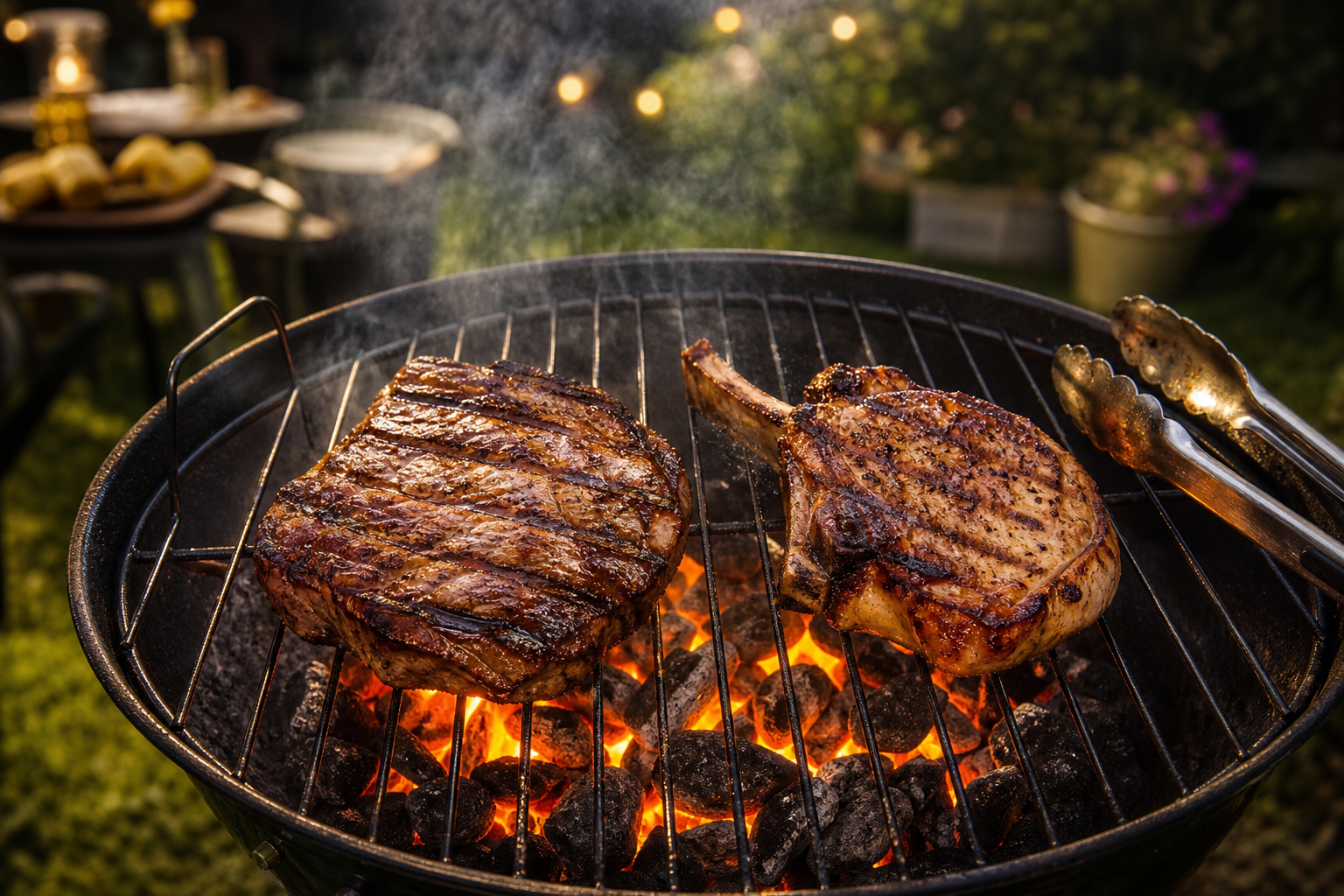 Pork Steak vs Pork Chop: Which Is the Better Budget Buy 9 Pork steak and pork chop grilling over charcoal with grill marks and smoke on an outdoor grill