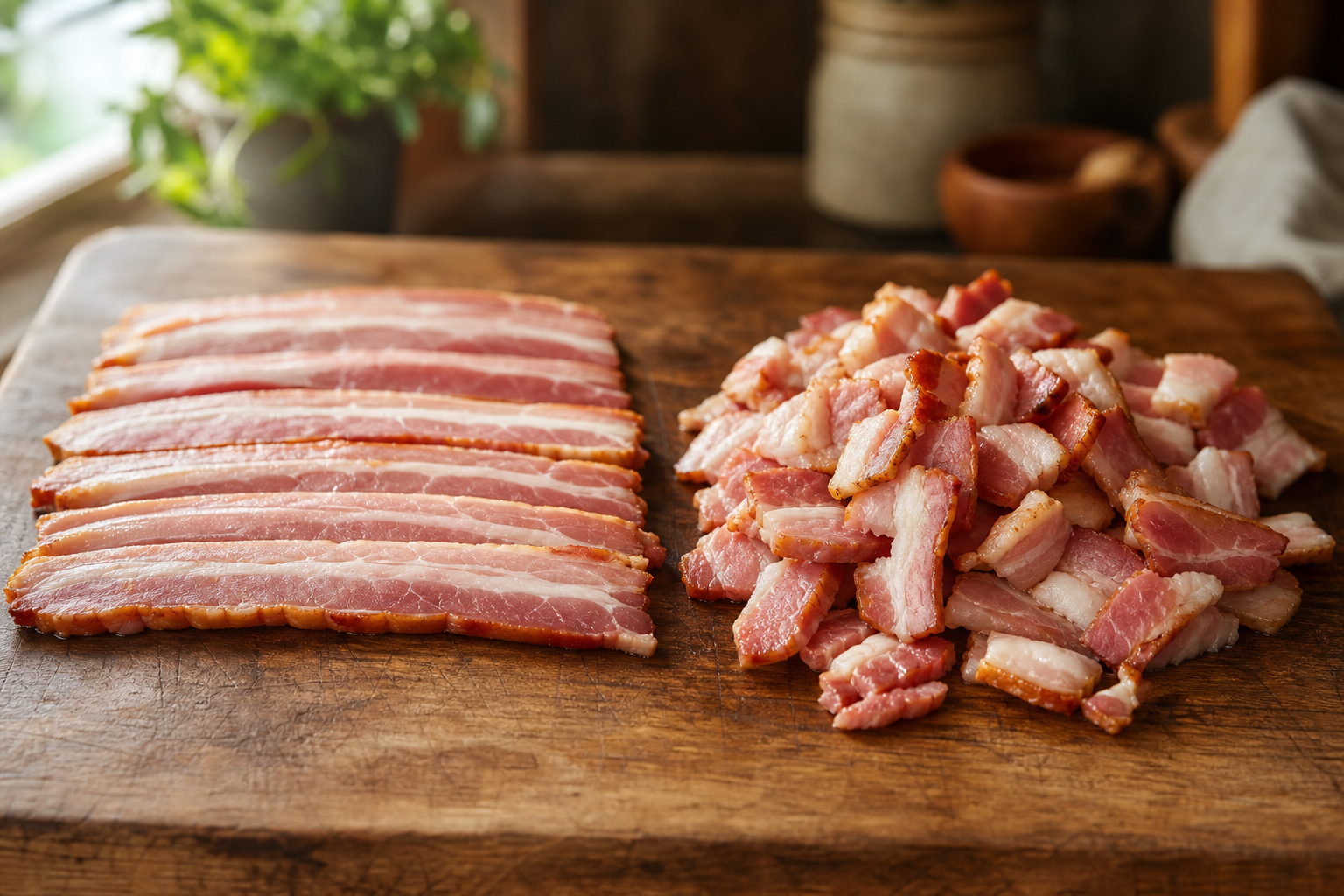 How to Buy Bacon Ends and Pieces to Save on Bacon 5 Comparison of uniform bacon strips versus irregular bacon ends and pieces on a butcher block