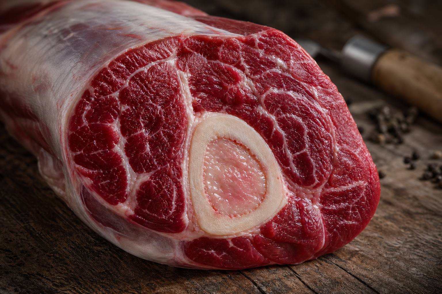 Raw beef shank cross-section showing bone marrow and marbling on a wooden butcher block