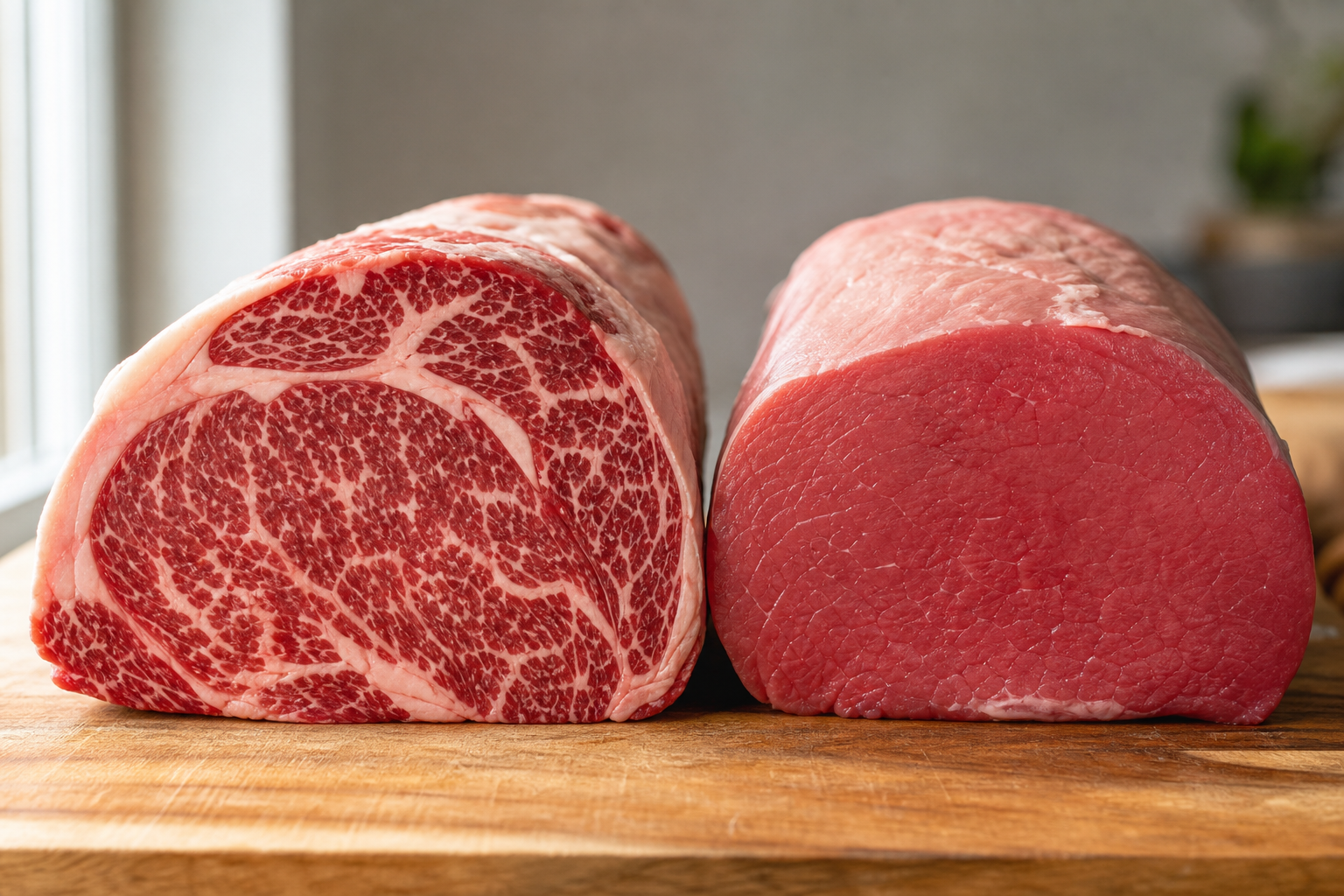 Cross-section comparison of a lean bottom round roast versus a well-marbled beef cut on a butcher block