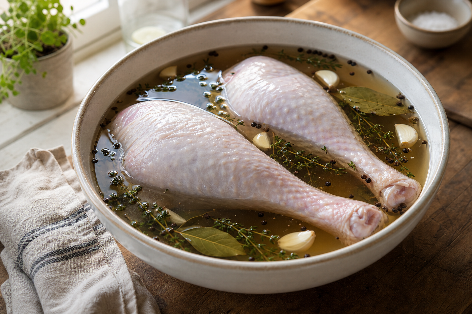 Raw turkey legs submerged in a seasoned brine solution in a large ceramic bowl