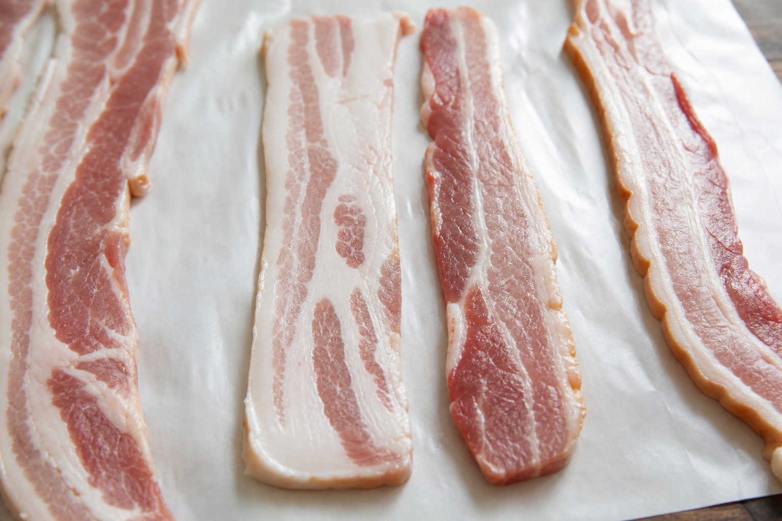 Raw bacon strips showing fat marbling comparison on white butcher paper