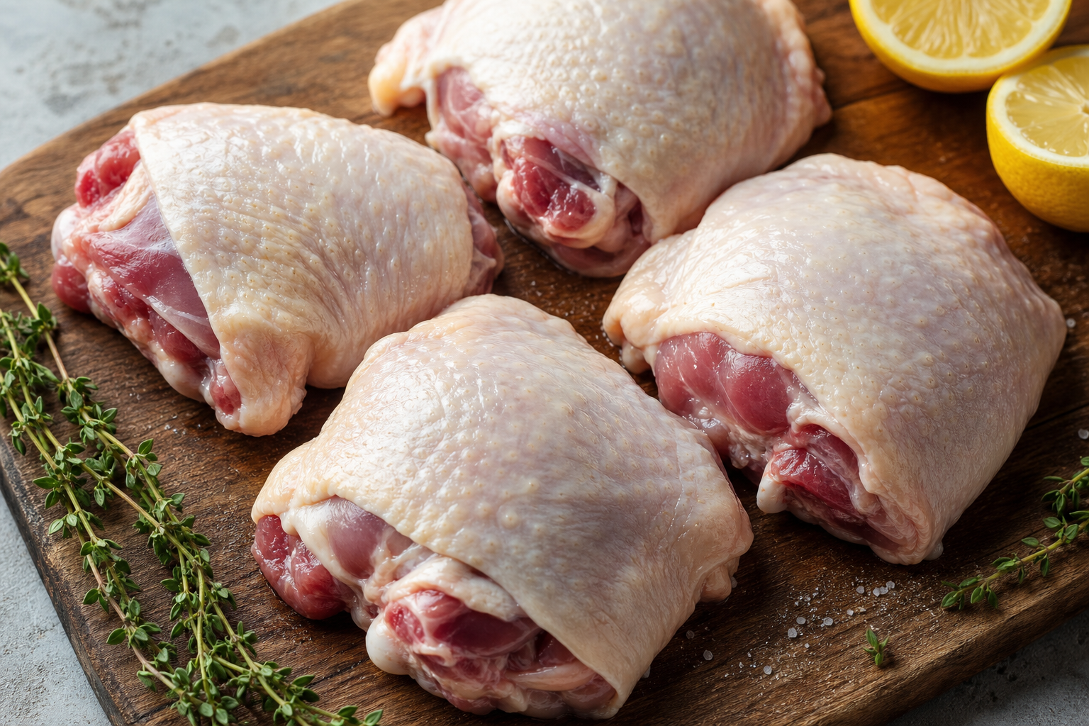 The Best Smoked Chicken Thighs (Cheap and Crispy) 9 Raw bone-in skin-on chicken thighs on a wooden cutting board with herbs and lemon