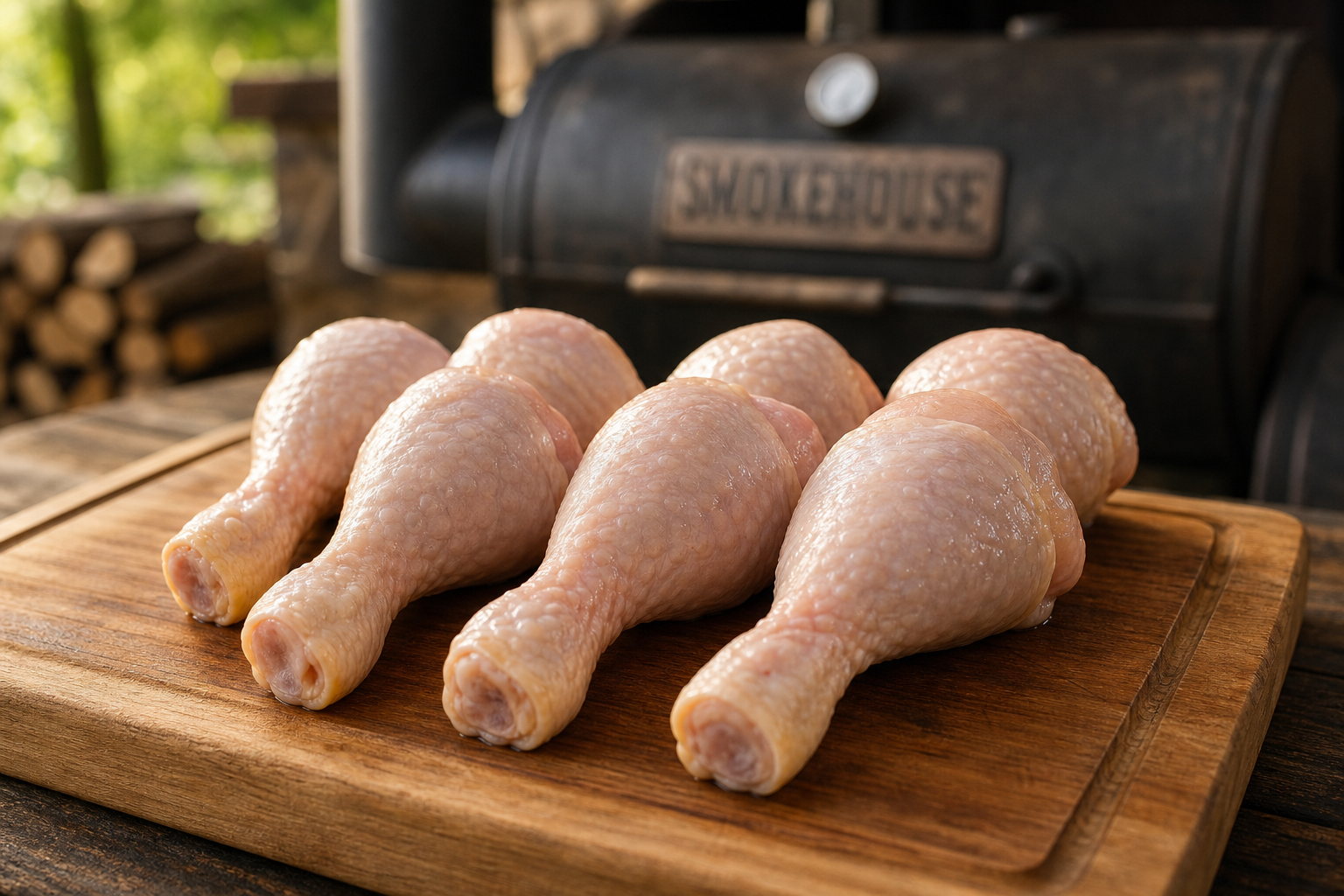 Smoked Chicken Drumsticks: A Cheap, Kid-Friendly Smoker Snack 8 Raw chicken drumsticks on a wooden cutting board with a smoker in the background