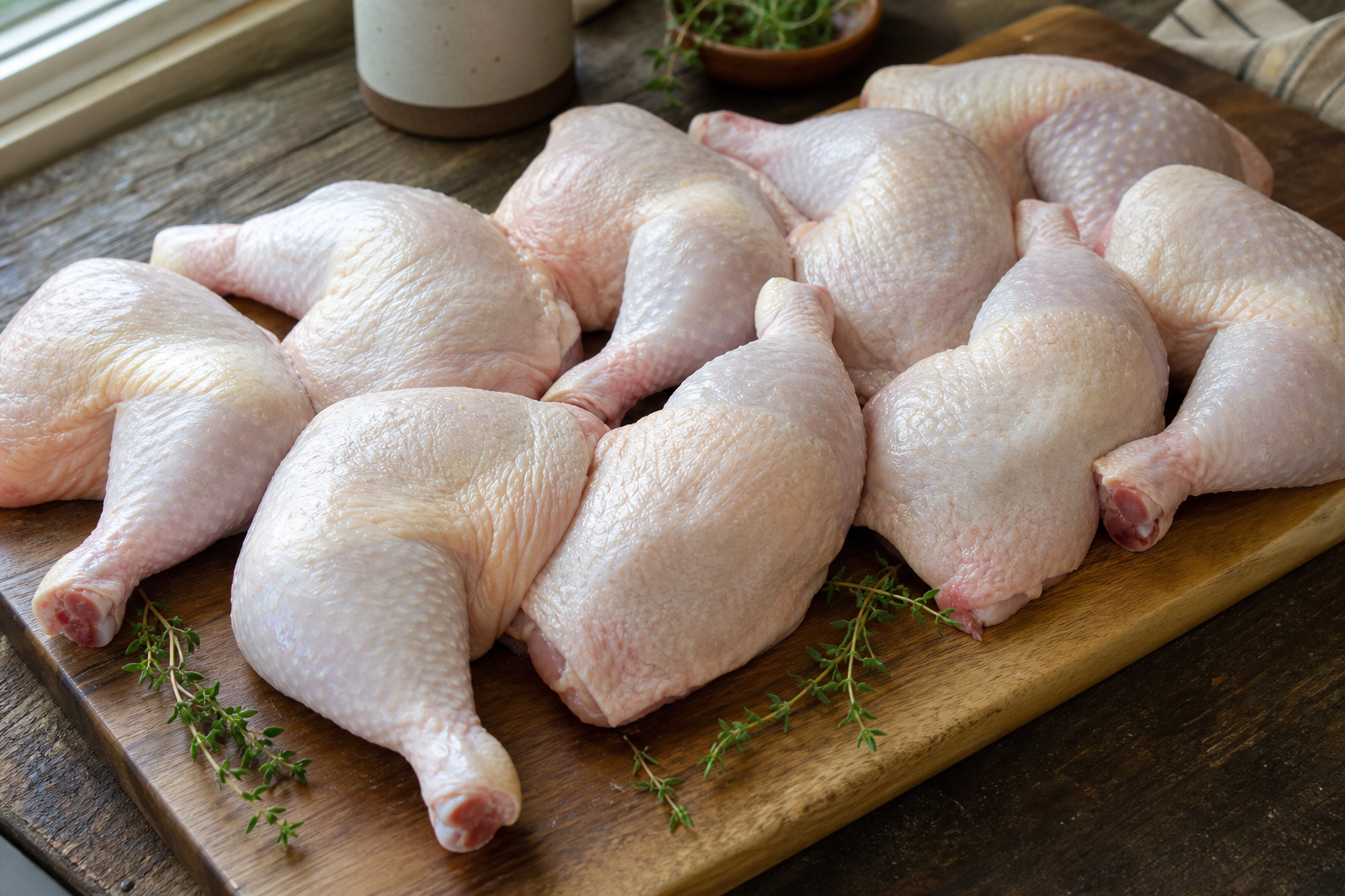 Raw chicken leg quarters piled on a wooden cutting board ready for seasoning