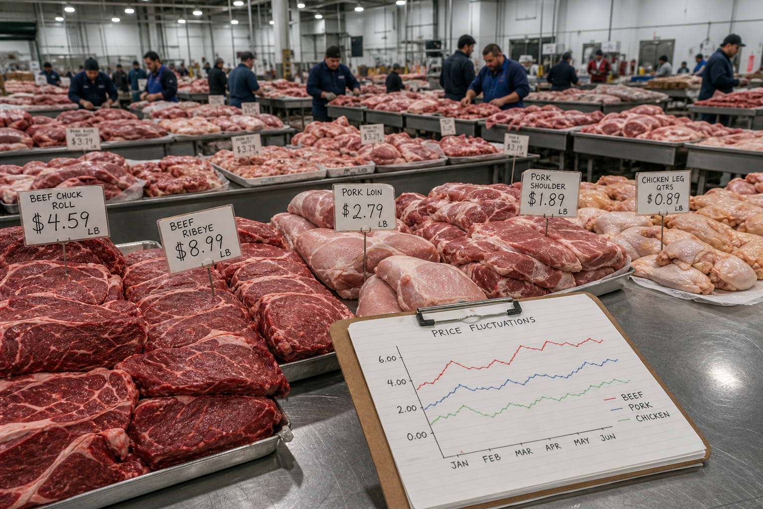 How to Read Meat Sale Cycles and Time Your Stock-Up 8 Wholesale meat market with price tags and a chart showing price fluctuation patterns