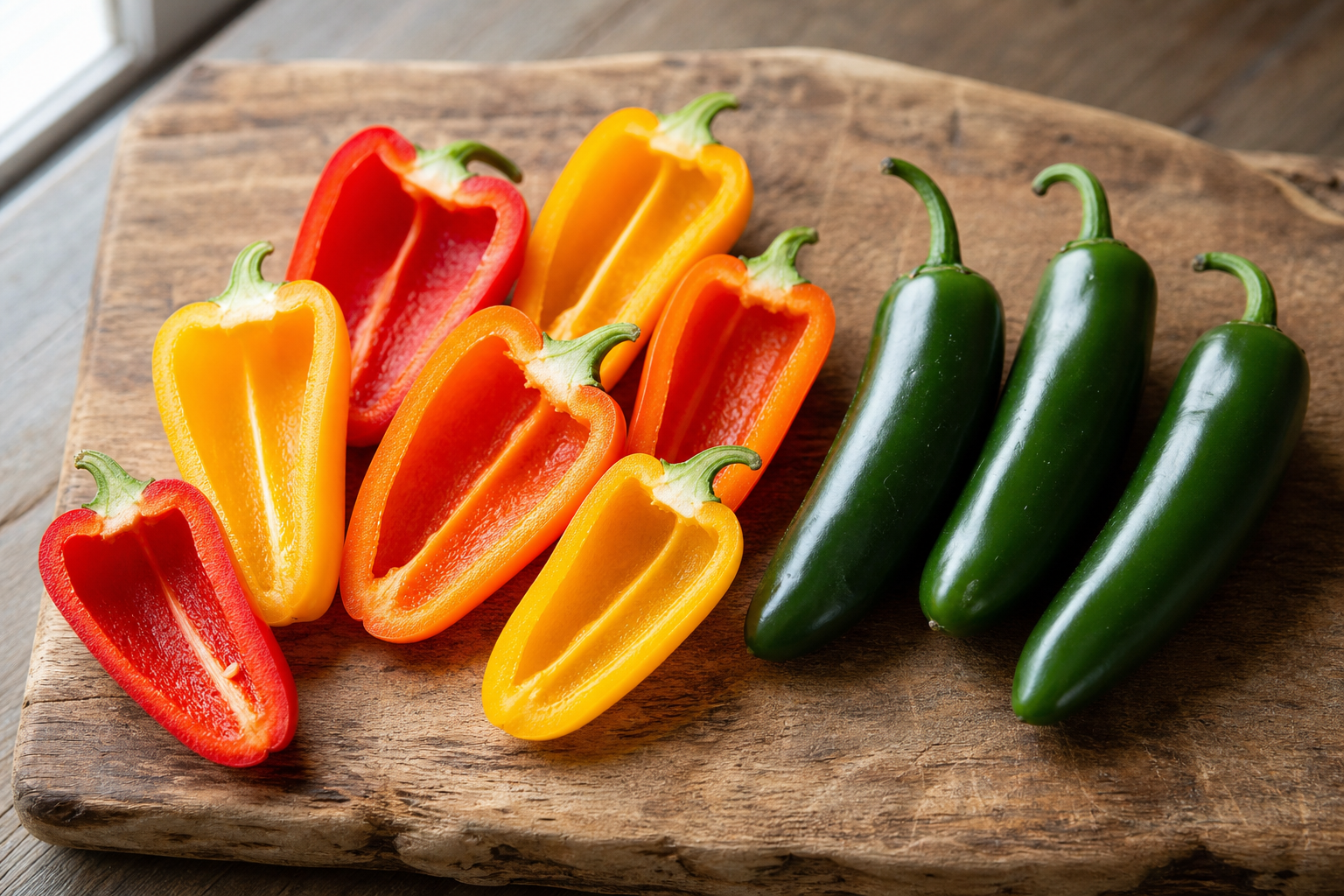 Colorful mini sweet peppers and jalapeños side by side on a wooden cutting board