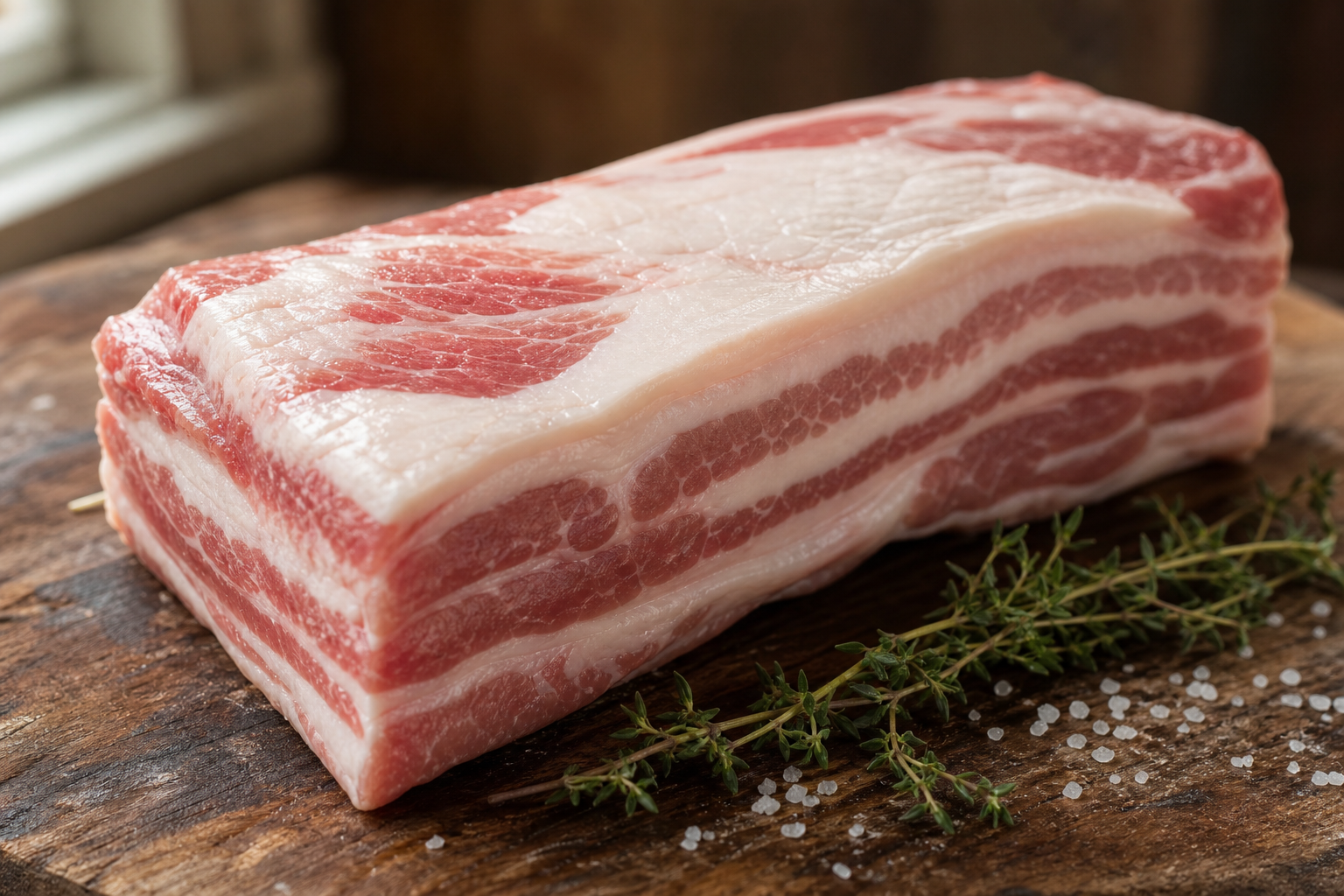 Raw pork belly slab with visible fat and meat layers on a wooden butcher block