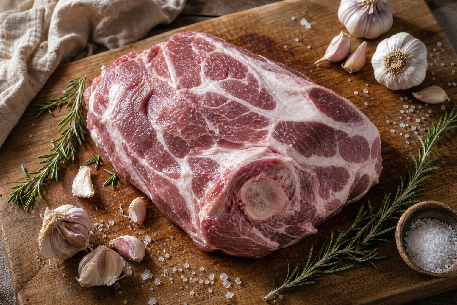 Raw pork shoulder on a wooden butcher block with garlic and herbs