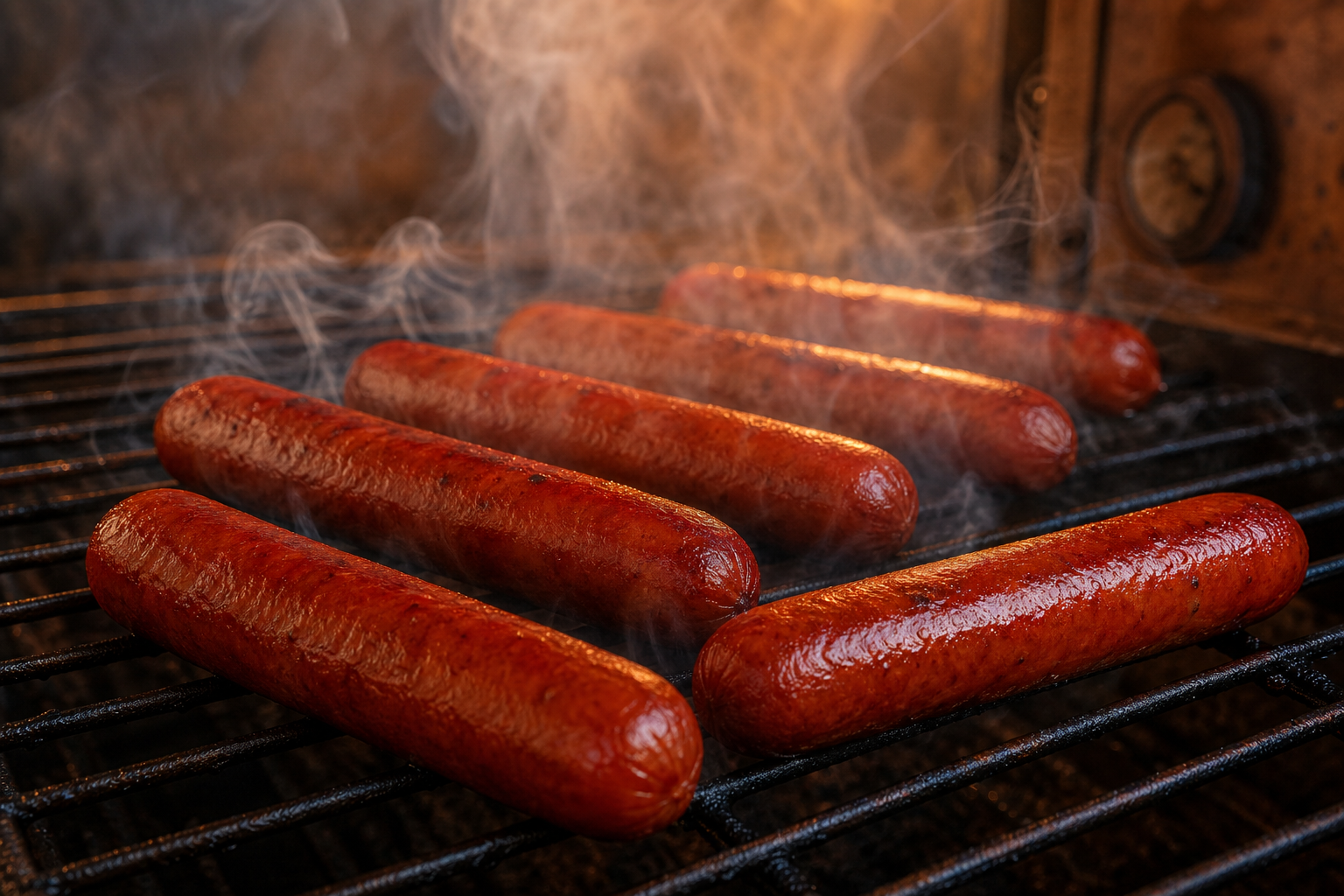 How to Smoke Hot Dogs for a Cheap Backyard Cookout 8 Hot dogs smoking on smoker grates with wisps of smoke rising around them