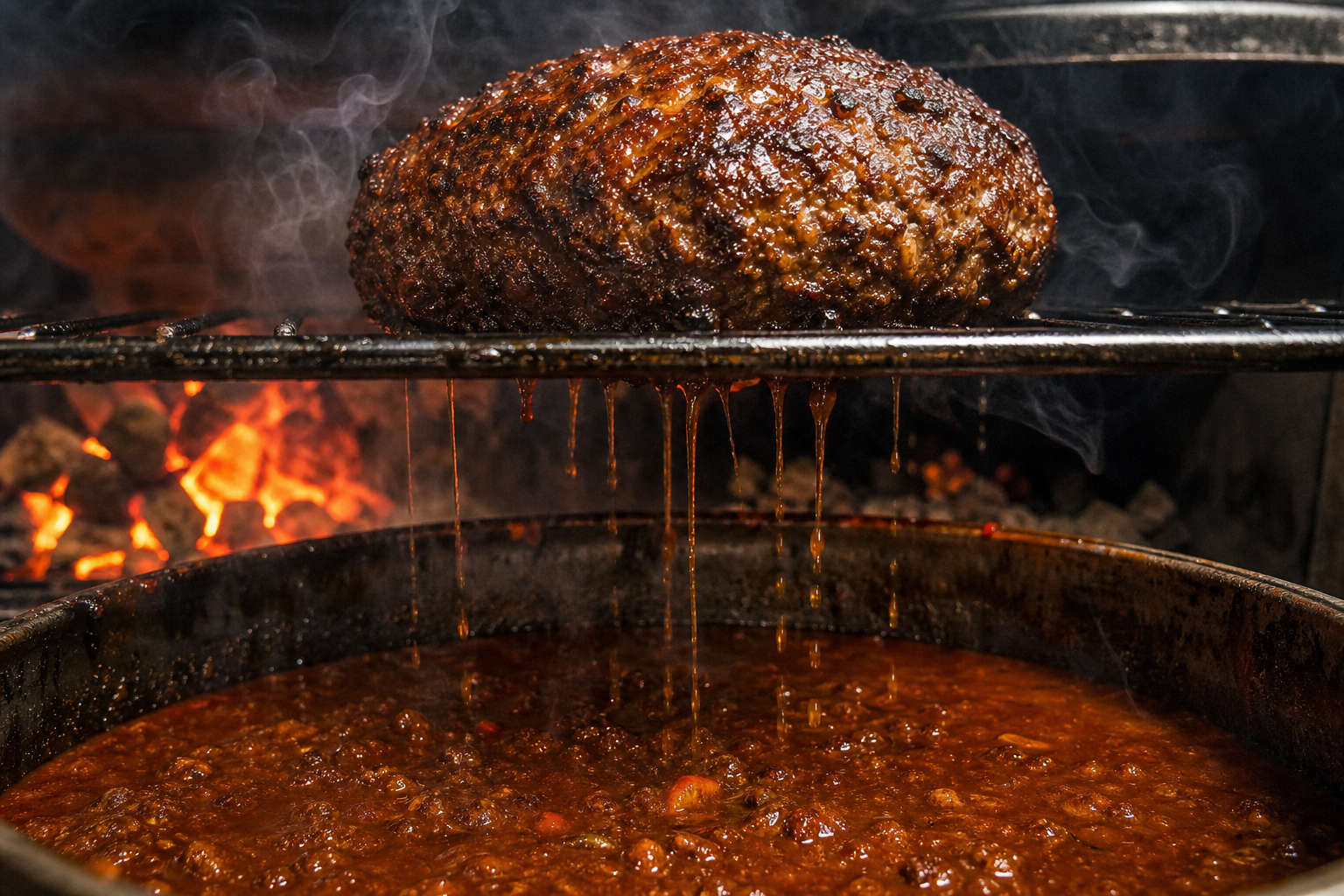 Smoked Over-the-Top Chili Using Cheap Ground Beef 9 Ground beef dripping into a pot of chili inside a smoker using the over-the-top method