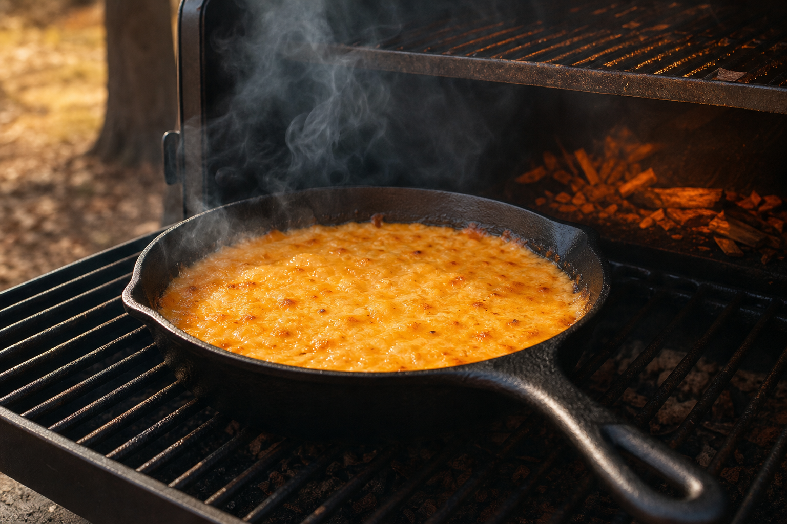 Cast iron skillet of melted queso dip smoking on outdoor smoker grates