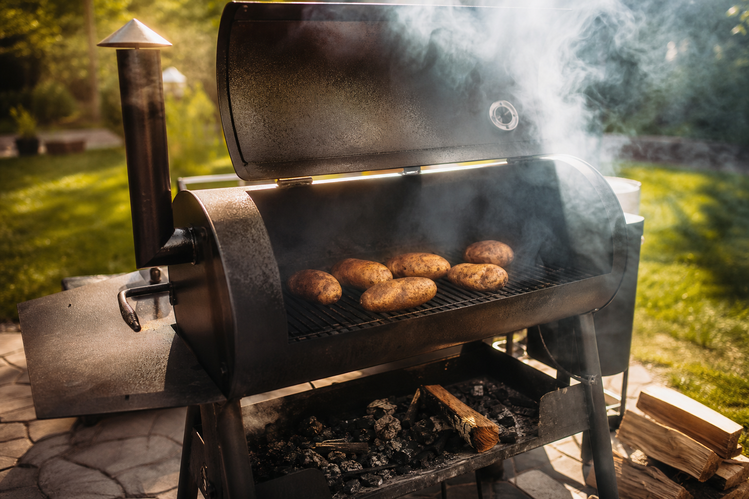 Twice-Smoked Loaded Baked Potatoes as a Cheap BBQ Side 6 A charcoal smoker outdoors with smoke billowing and russet potatoes visible on the grill grates
