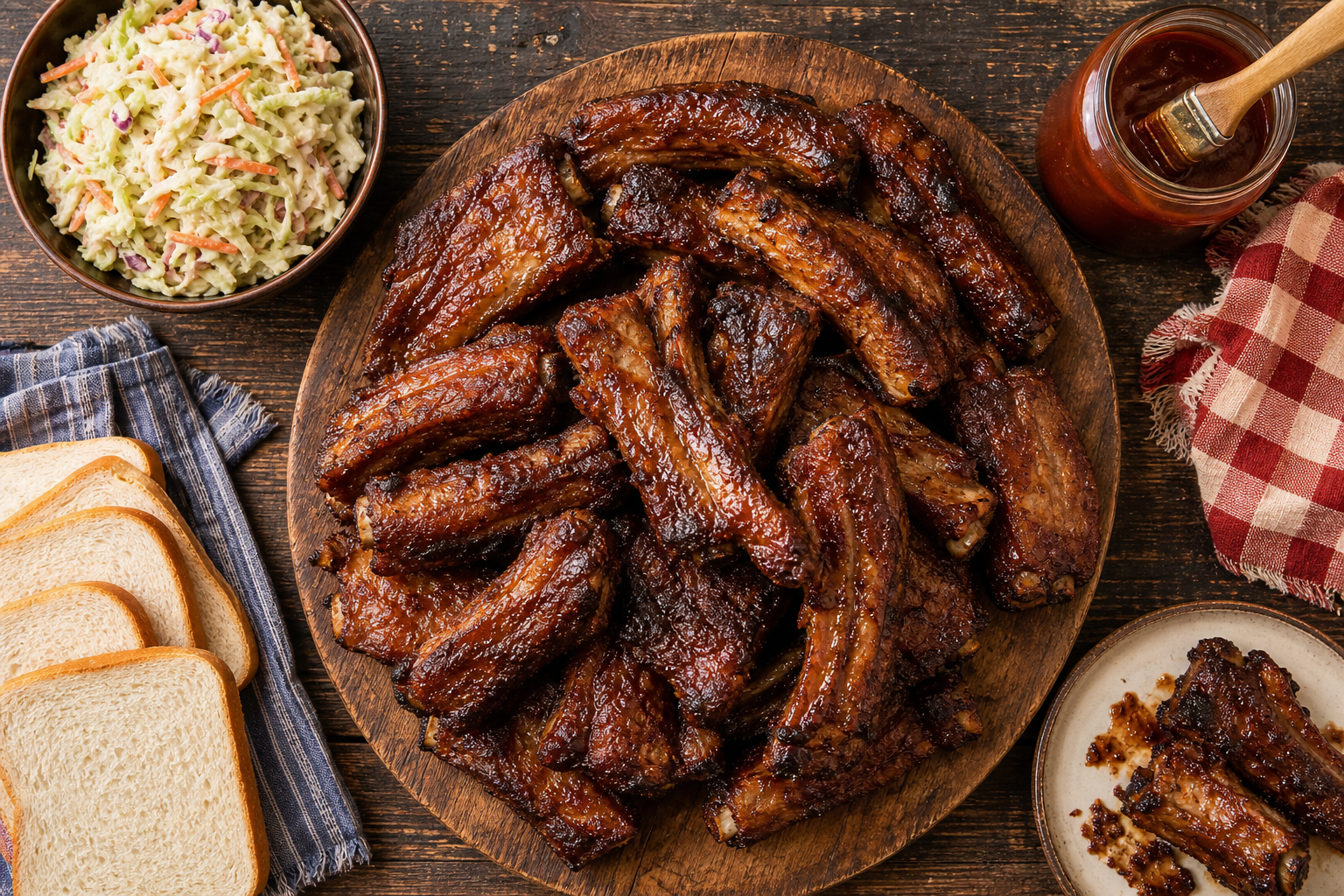 Cooked country-style ribs on a platter with simple budget-friendly side dishes