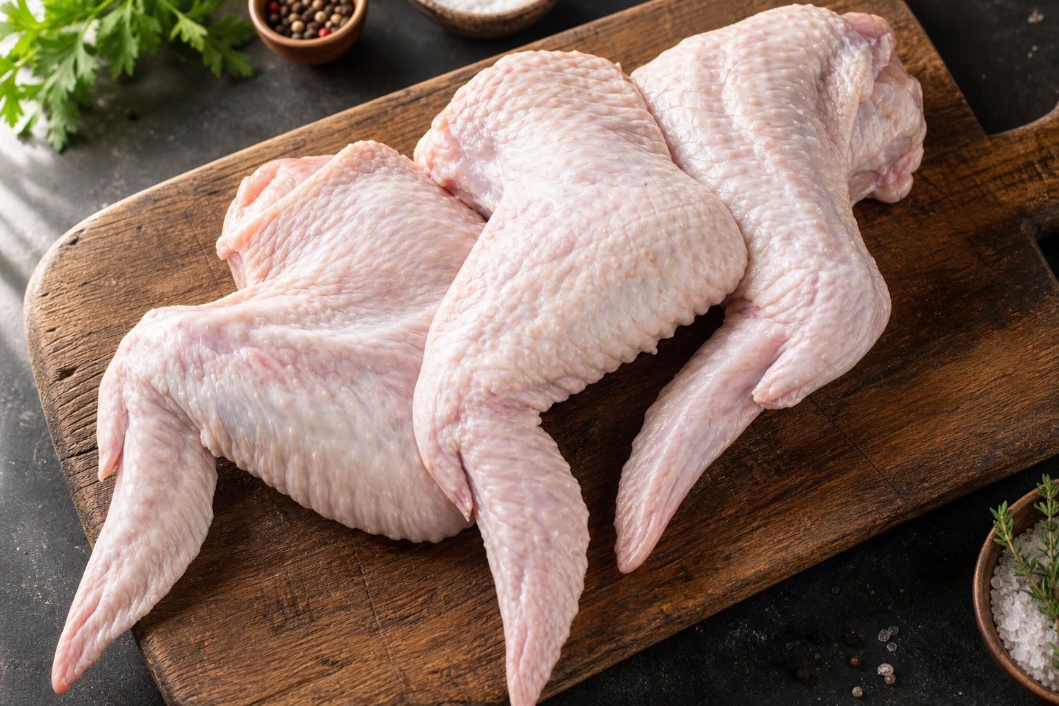 Large raw turkey wings displayed on a rustic wooden cutting board