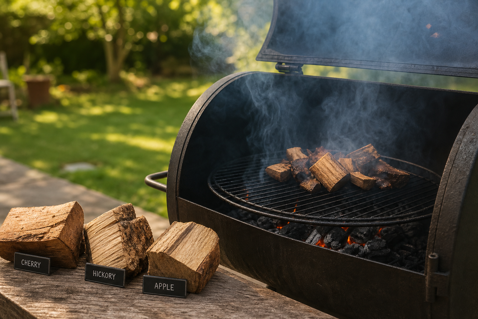 The Best Smoked Chicken Thighs (Cheap and Crispy) 12 Charcoal smoker with wood chunks and glowing embers emitting smoke outdoors