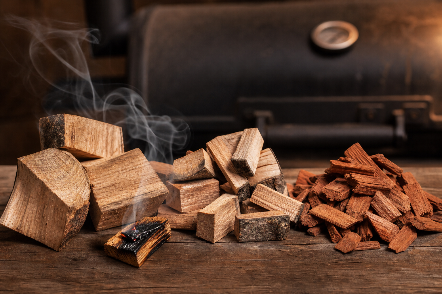Twice-Smoked Loaded Baked Potatoes as a Cheap BBQ Side 9 Various BBQ wood chunks including hickory, applewood, and cherry wood arranged on a rustic wooden surface with smoke wisps