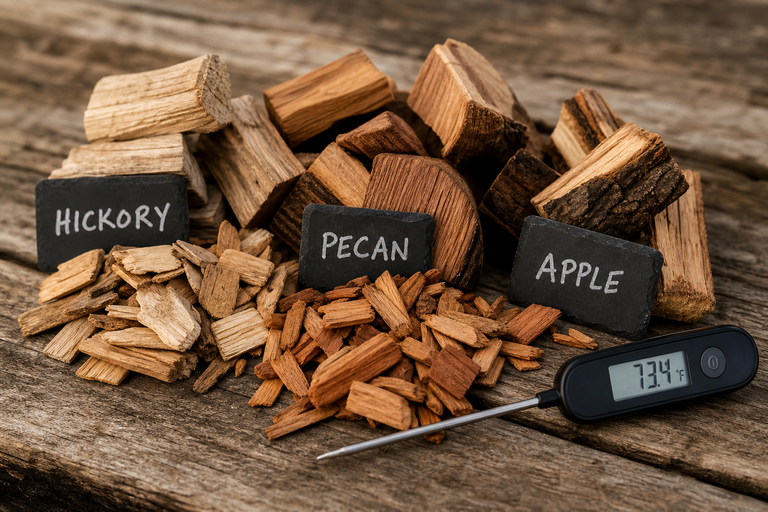 Assorted wood smoking chunks and chips with a thermometer on a rustic wooden surface