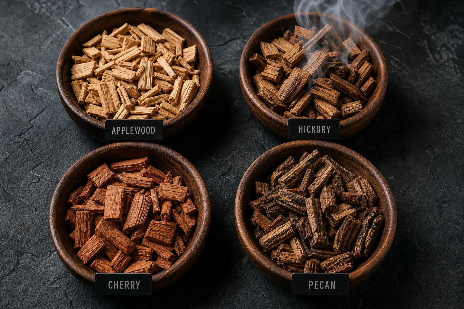 Four bowls of different wood smoking chips including applewood, hickory, cherry, and pecan