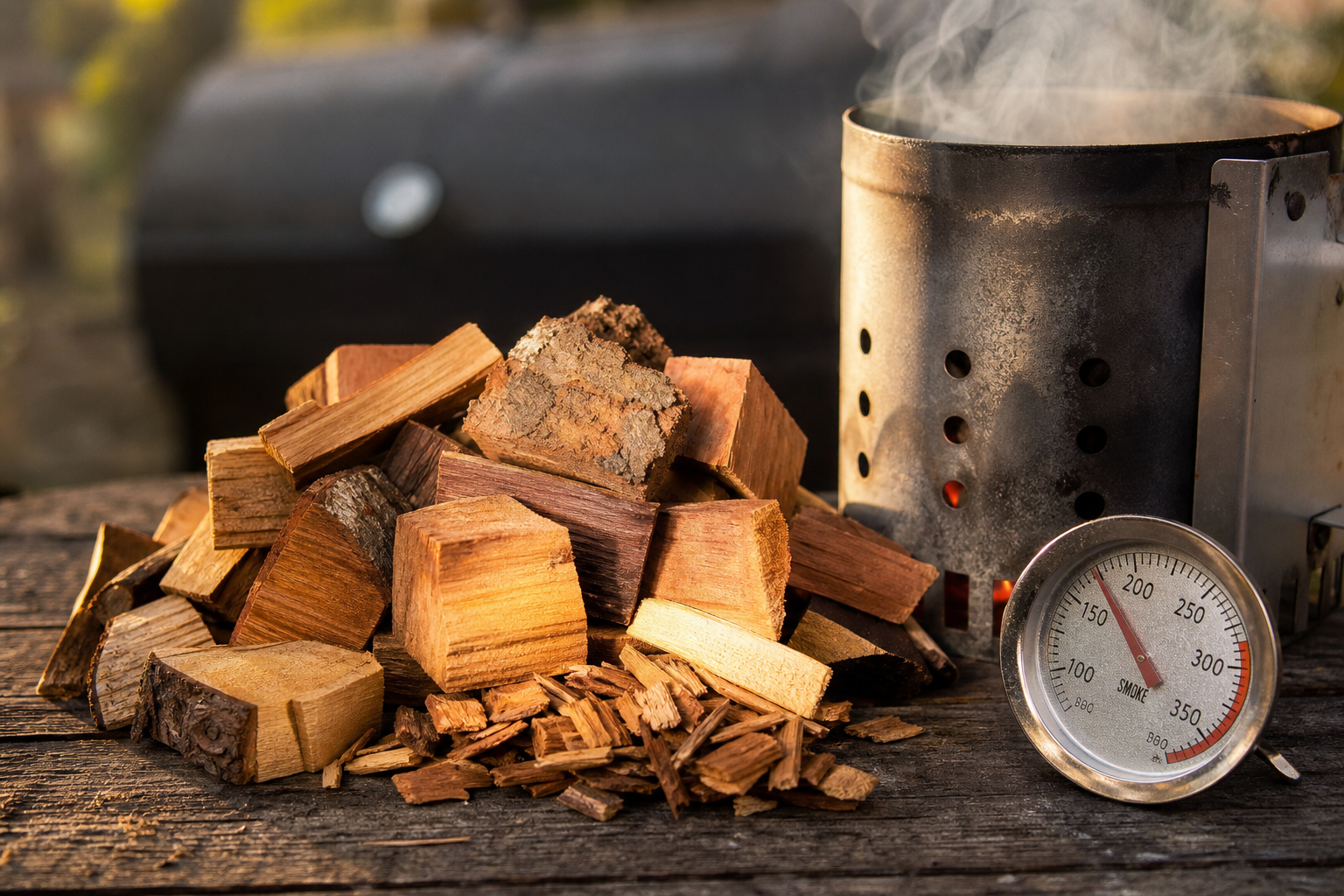 How to Smoke Hot Dogs for a Cheap Backyard Cookout 10 Assorted smoking wood chunks and chips next to a thermometer on a rustic outdoor surface