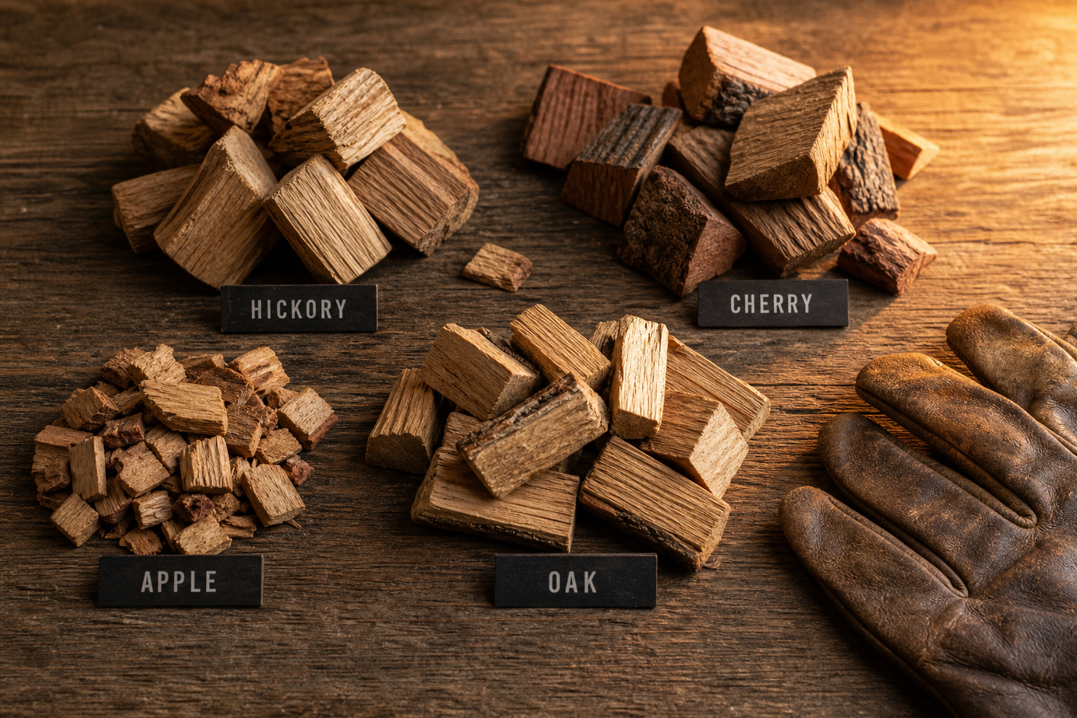 Assorted smoking wood chunks of different species arranged in piles on a rustic wooden surface